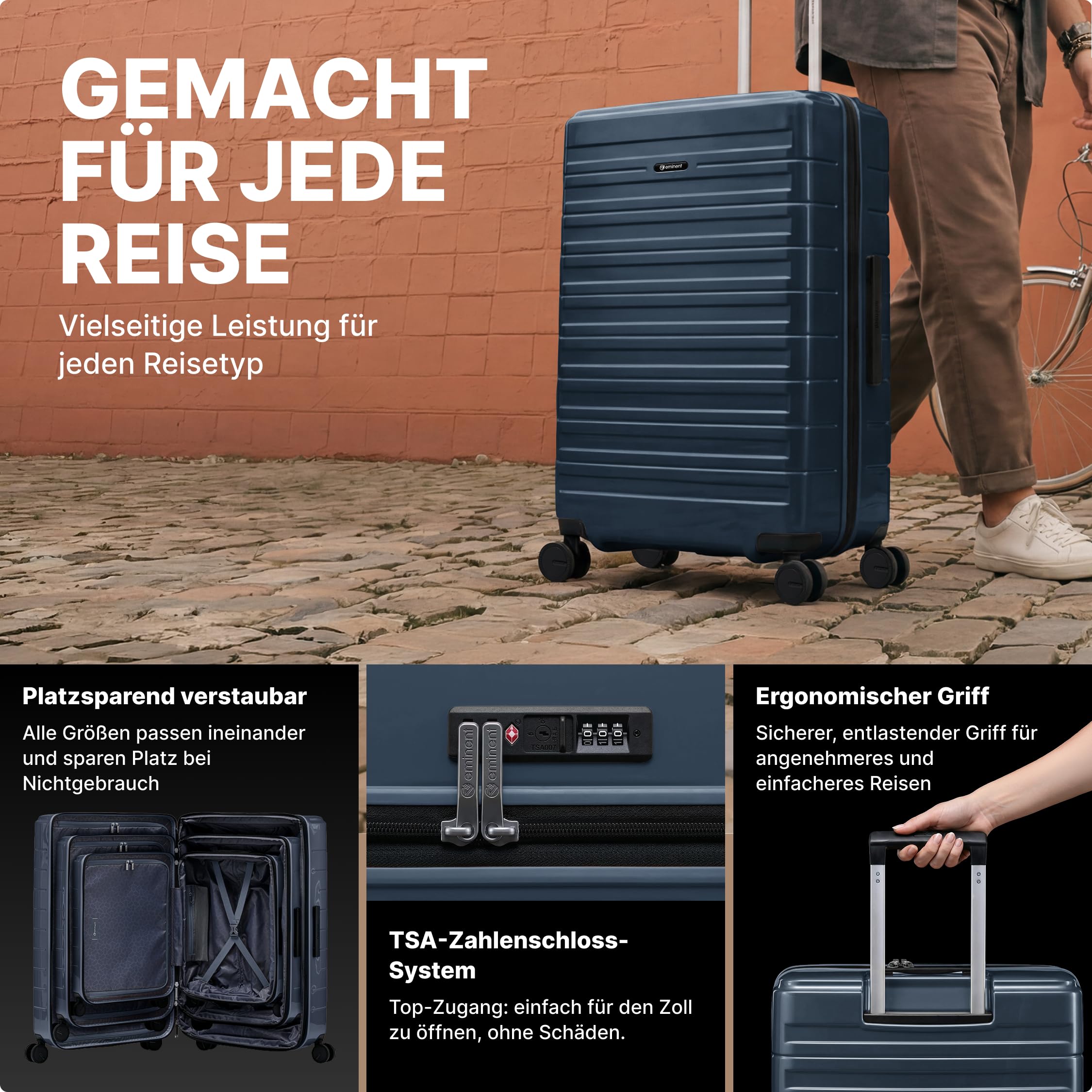 Eminent Voyager Handgepäck Koffer 55x40x20, Hartschalenkoffer leicht | 2,7 kg ultraleicht, 39L, erweiterbar 55x40x20 auf 55x40x23, TSA Schloss, 4 Rollen, Kabinentrolley, Makrolon, Dunkelgrau
