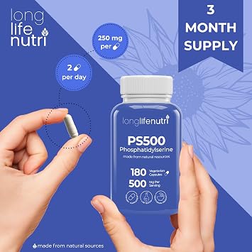 Phosphatidylserine Pure 500mg 180 Vegetarian Pills, 3-Month Supply, Supplement for Strengthening Memory, Focus & Cognitive Function, Made in USA, Lab Tested, Non GMO