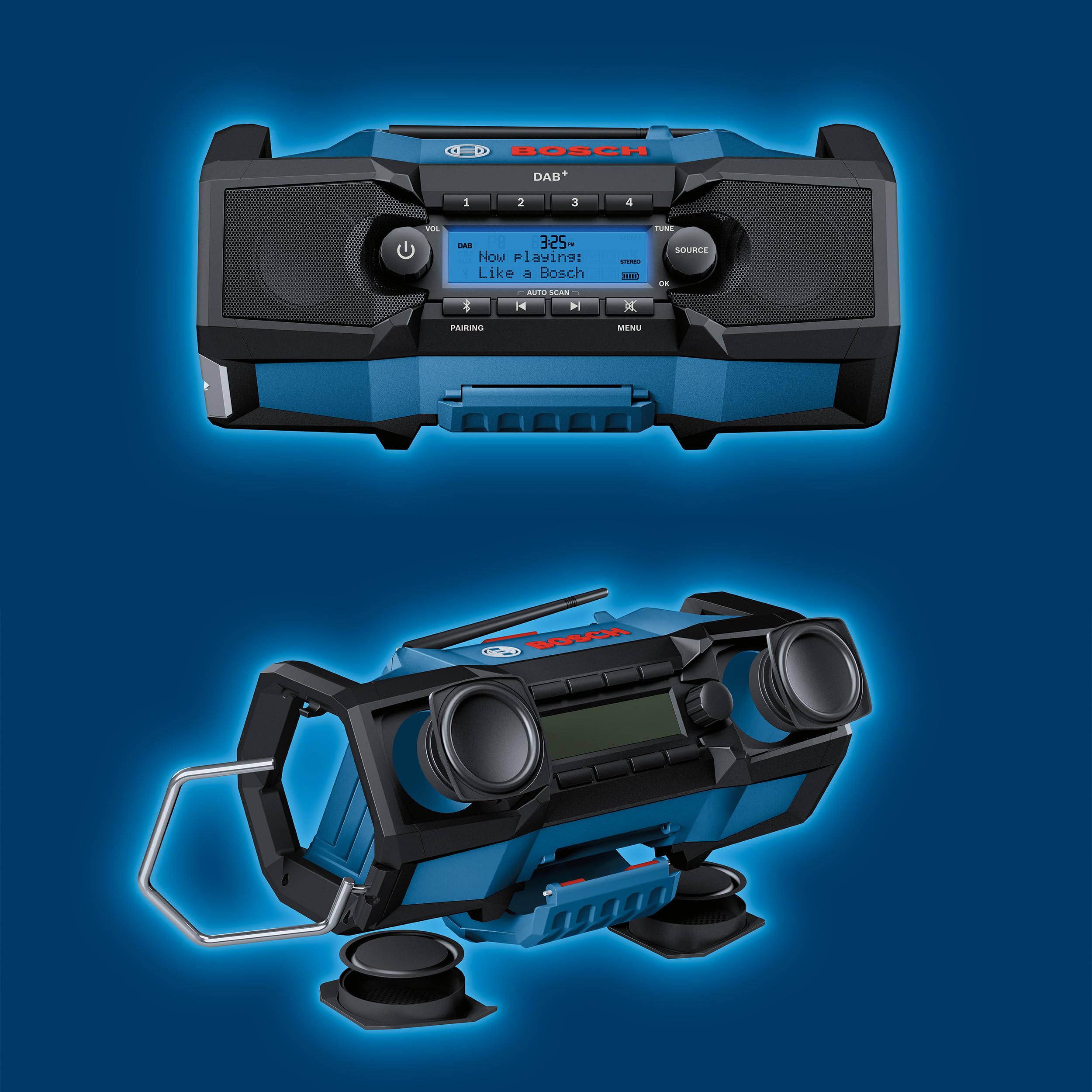 Bosch Professional 18V System Radio de Chantier sans-Fil GPB 18V-2 SC (réception Via Dab+, Bluetooth, FM et AUX, avec 1 Bloc Secteur, 1 câble AUX, 1 Pile Bouton au Lithium de 3V CR2032)
