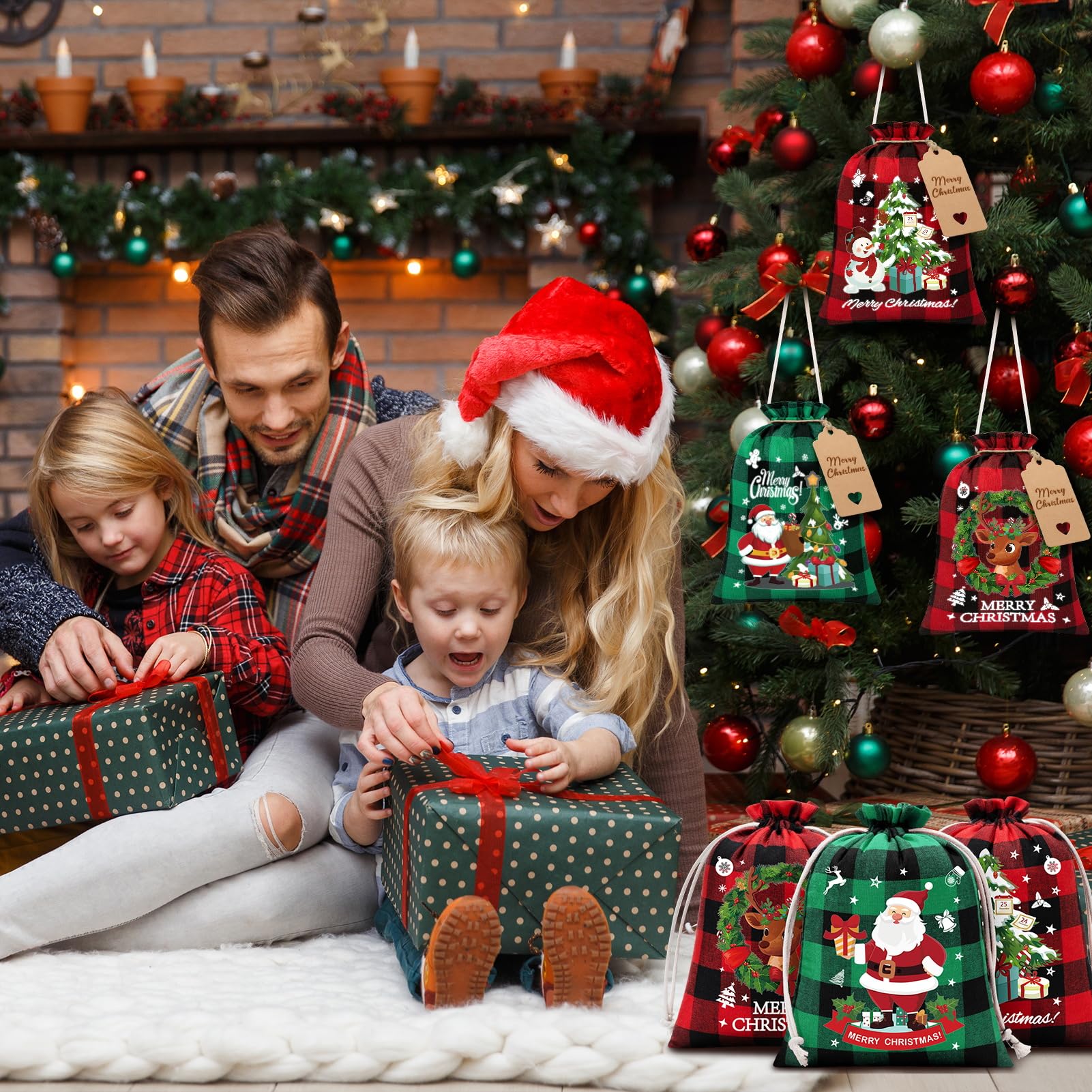 FLOE 24Pcs Burlap Christmas Drawstring Bags, 6x8in Buffalo Plaid Xmas Gift Bags w/Tag Xmas Candy Bag Small Christmas Linen Treat Goody Gift Sacks Reusable Gifts Wrapping Bag Holiday Party Favors Sack
