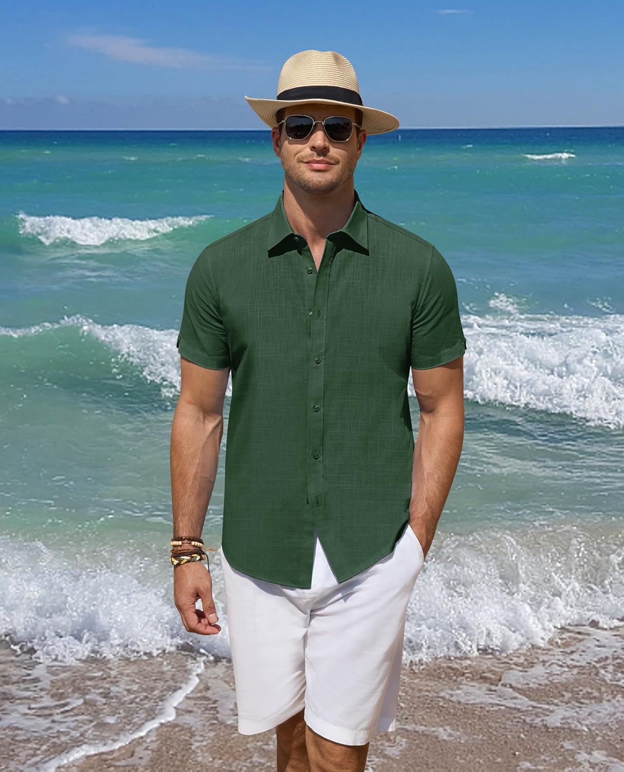 DEMEANOR Linen Shirts for Men Short Sleeve Button Down Shirts Summer Beach Casual Linen Button Up Shirt Vacation Wedding - Image 3