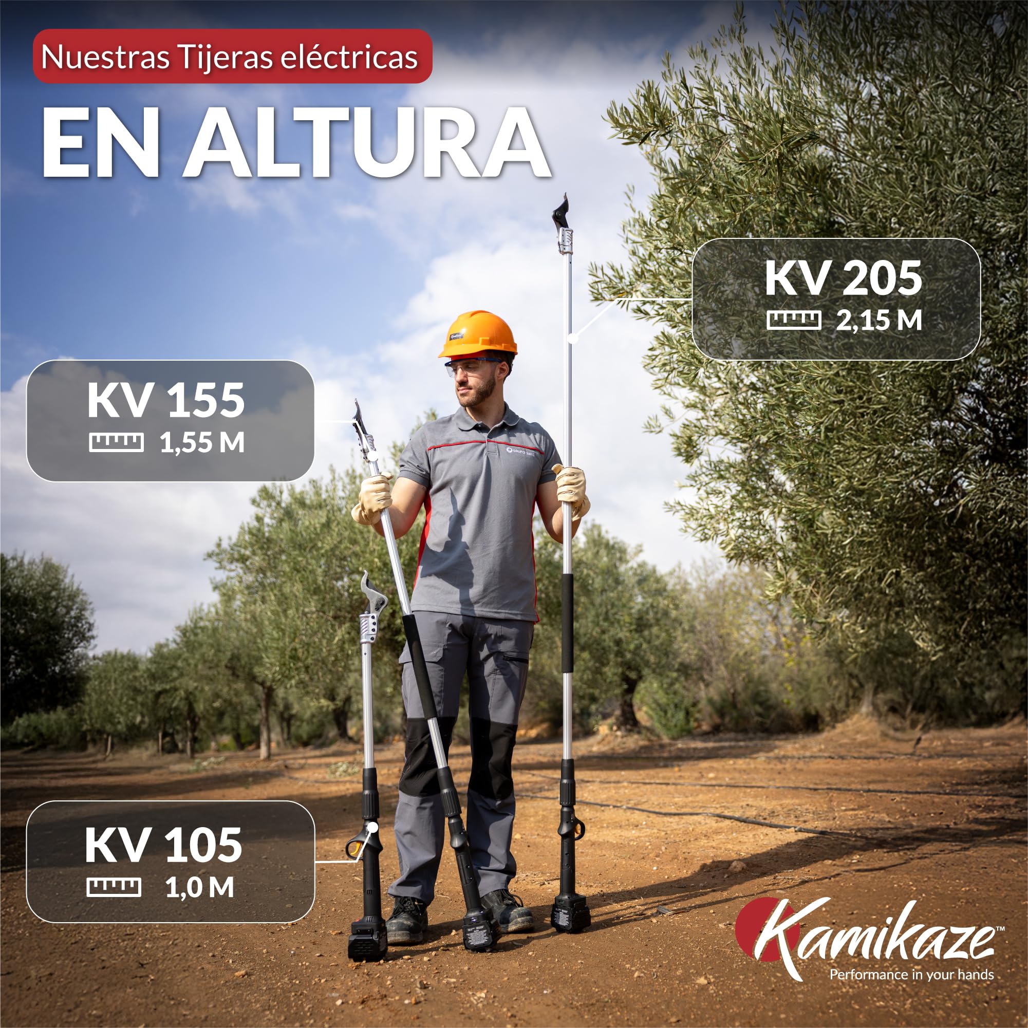 KAMIKAZE KV155. Tijera Eléctrica en altura sin cables. Corte Ø 40 mm. Longitud pértiga 155 cm. Hasta 8 horas autonomía. Incluye dos baterías de litio recargables. Poda Eléctrica