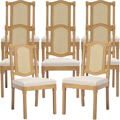 Miniatura 36 de French Country - Juego de 4 sillas de comedor de ratán beige, sillas de comedor de madera con respaldo de caña y asiento tapizado de lino, marco de