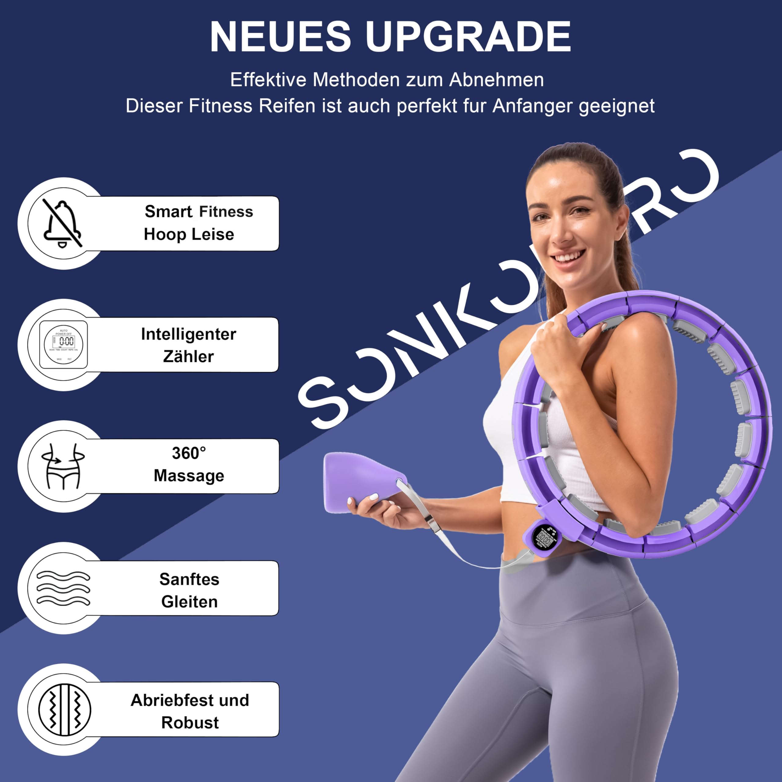 Smart Hoop Reifen Erwachsene und Anfänger, Hullahub Reifen zum Abnehmen，Smart Hoop Leise Fitness Hoop mit Gewicht, Zähler und Noppen