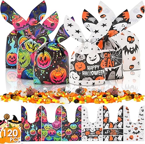 AhfuLife 120 bolsas de dulces de Halloween, 6 diseños de bolsas de golosinas de Halloween para niños para dulce o truco, pequeñas orejas de conejo