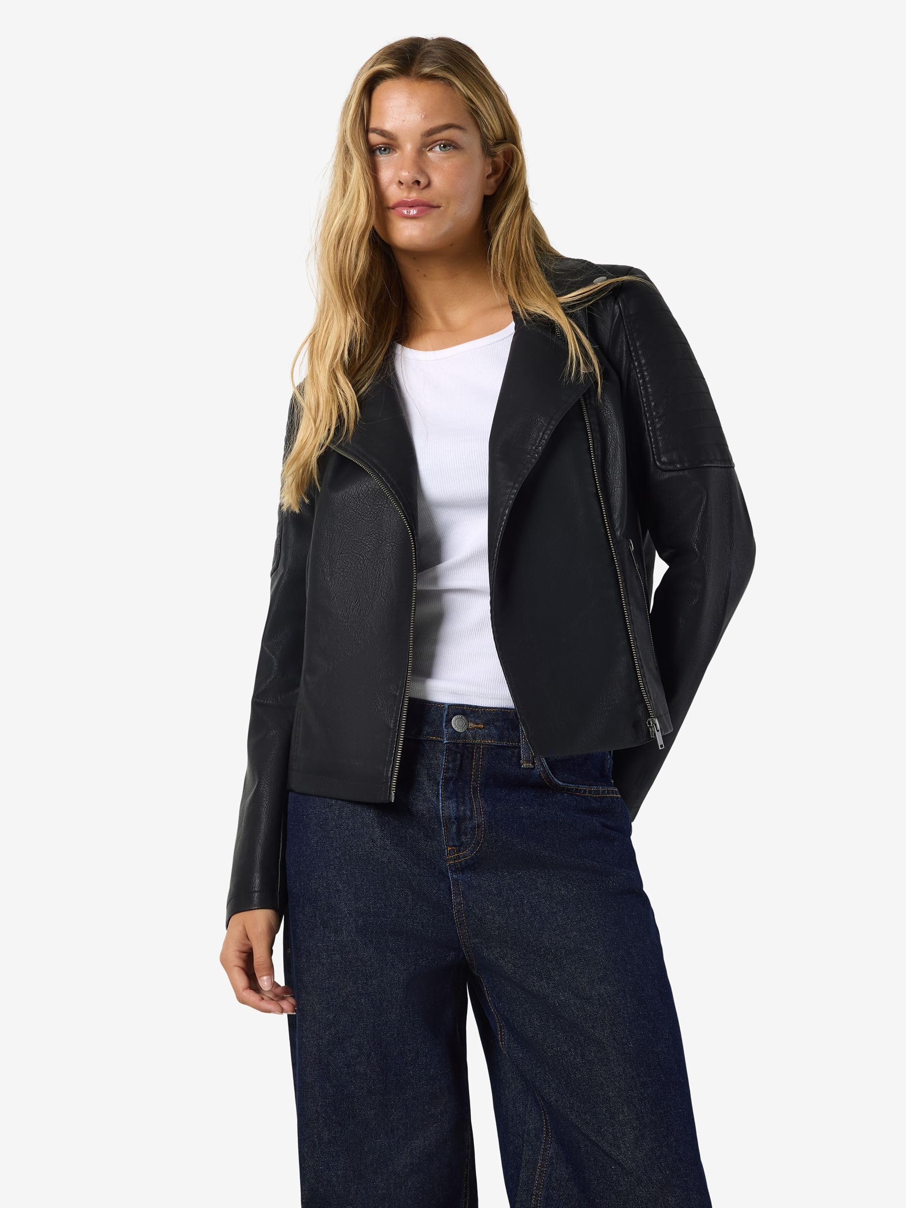 NOISY MAY Veste en Simili Cuir pour Femme Veste de Motard Veste de Transition Manches Longues Chemise Veste en PU NMREBEL