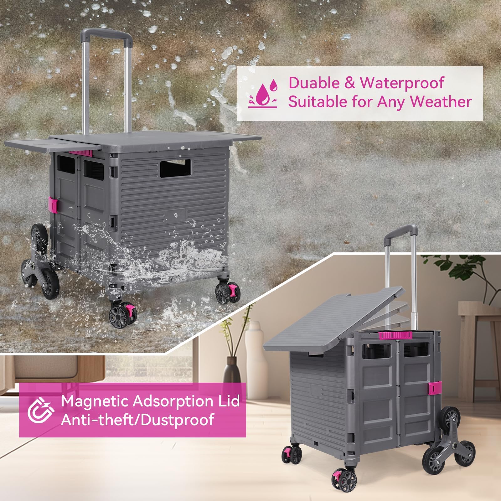 Carrello Della Spesa Pieghevole Carrello Portatile Pieghevole con Ruote per Scalinate e Coperchio Magnetico Capacità di 80 Kg, Cassetta Rotante per Campeggio, Pesca e Stoccaggio Attrezzi -Grigio U