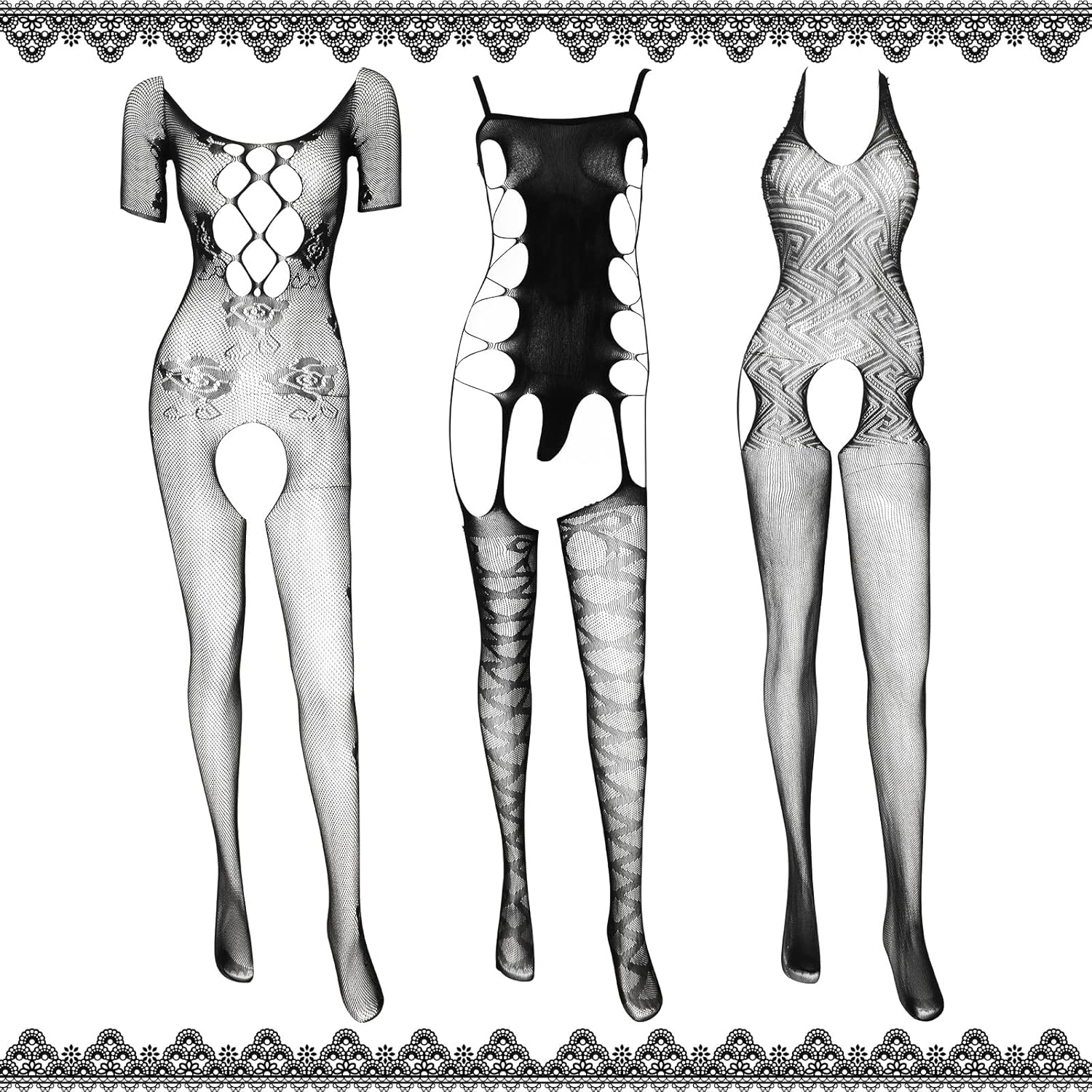 Jeyiour Black Lace Bodysuit with Garter Womens Fishnet Bodystocking Belt Lace Fishnet Doll Bodysuit Body