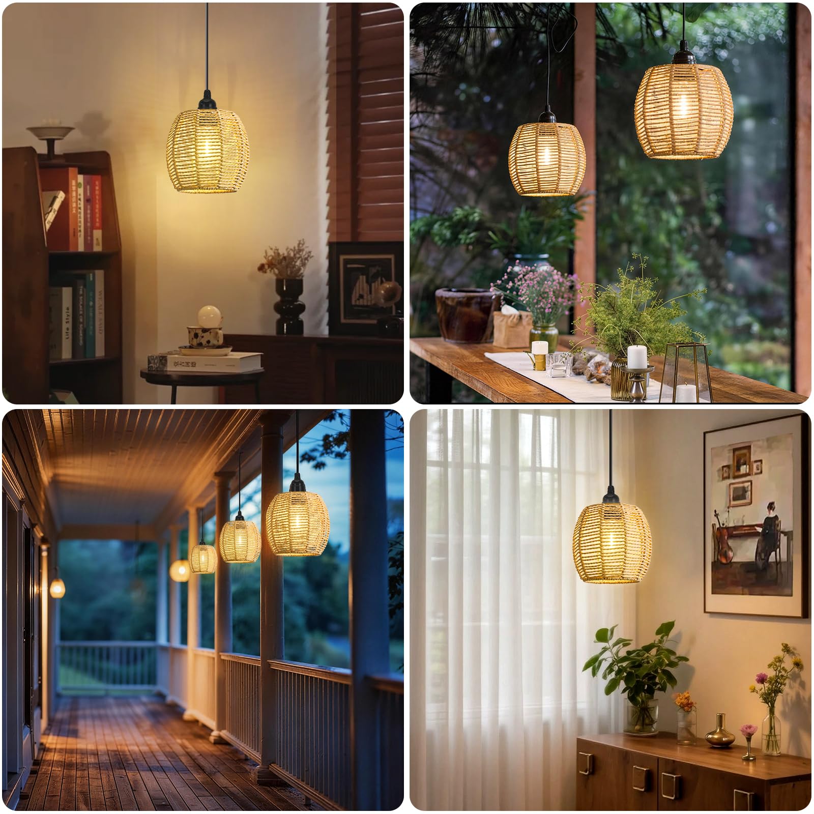 2 Lámparas Colgantes con Batería, Lámpara Exterior Techo Ratan IP65, Lampara Colgante Pilas con Mando y Bombilla Dimmable, Lámpara Colgante sin Cables para Terraza Jardín Salón Comedor