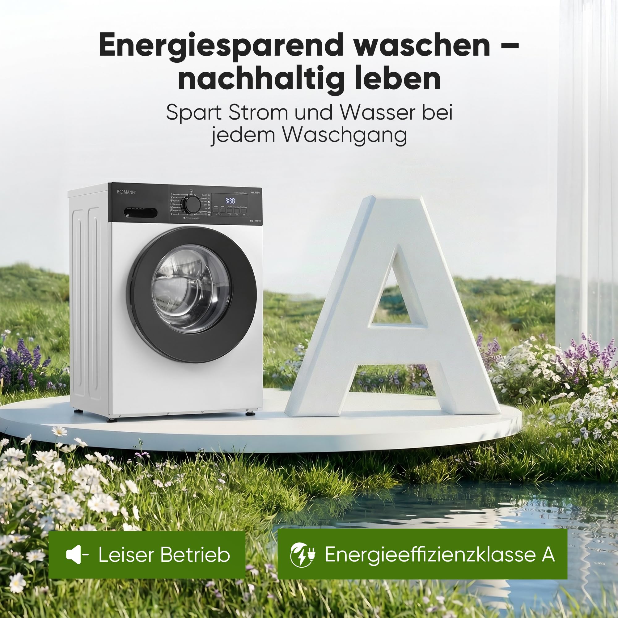 Bomann® Waschmaschine 8kg | 5 Jahre Motor-Garantie | Invertermotor-effizient, leise & langlebig | max. 1400 U/min | 15 Programme | Dampffunktion | LED-Display | Washing Machine | WA 7188 weiß-schwarz