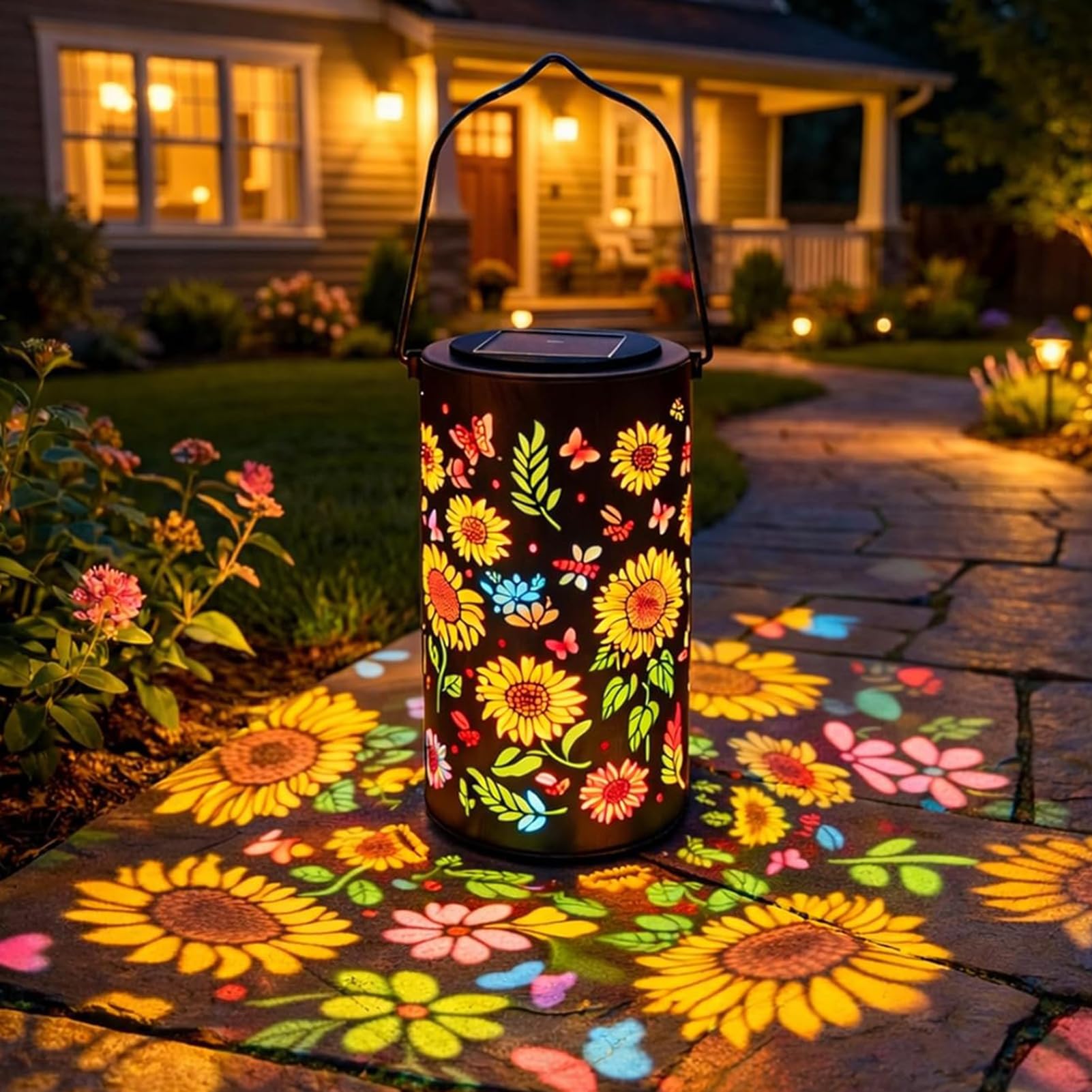 Colorful Sunflower Glow Solar Garden Lantern, Bunte Sonnenblumen Solarlampen für Außen, Hängende Sonnenblumen Solar Laternen Geschenk für Frauen, Wasserdicht Hängelampen für Hof, Terrasse, Garten