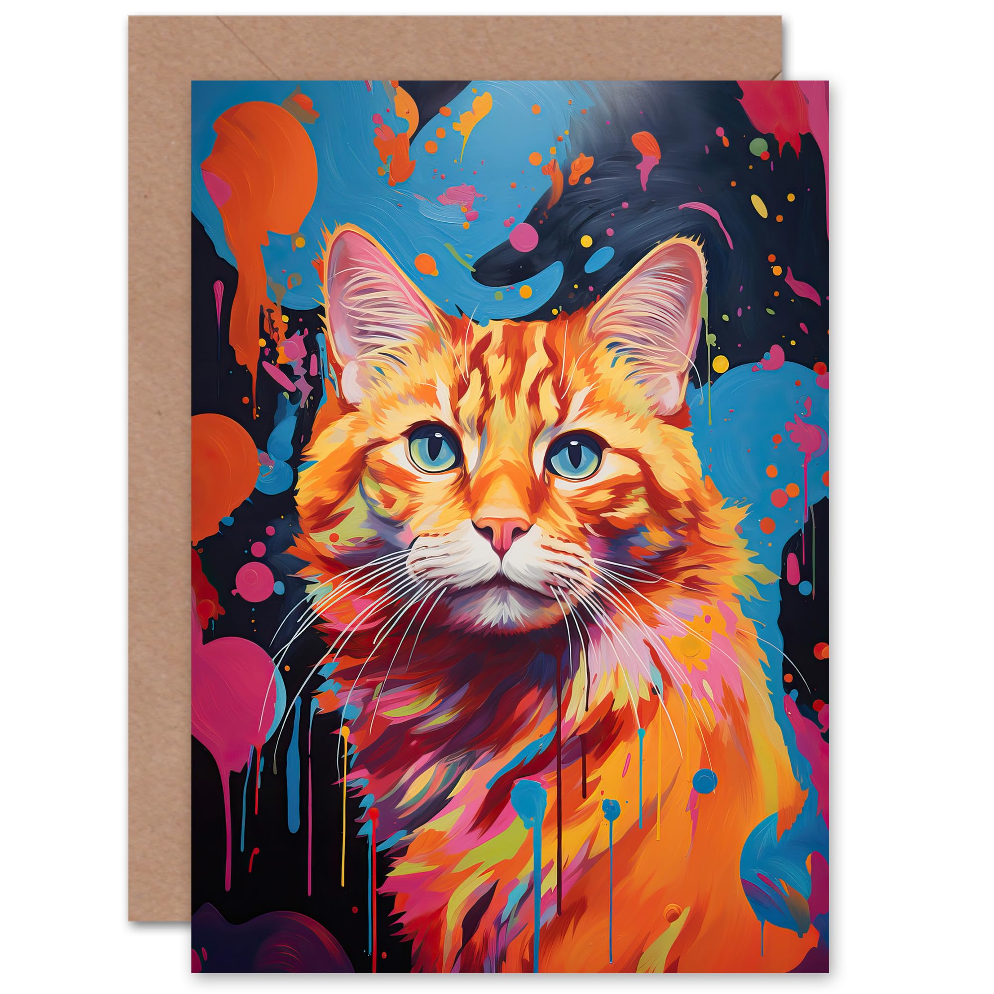 Artery8 Orange Tabby Cat Lover Gift Pet Portrait Abstract Pink Blue Artwork Painting Sealed Greeting Card Plus Envelope Blank inside