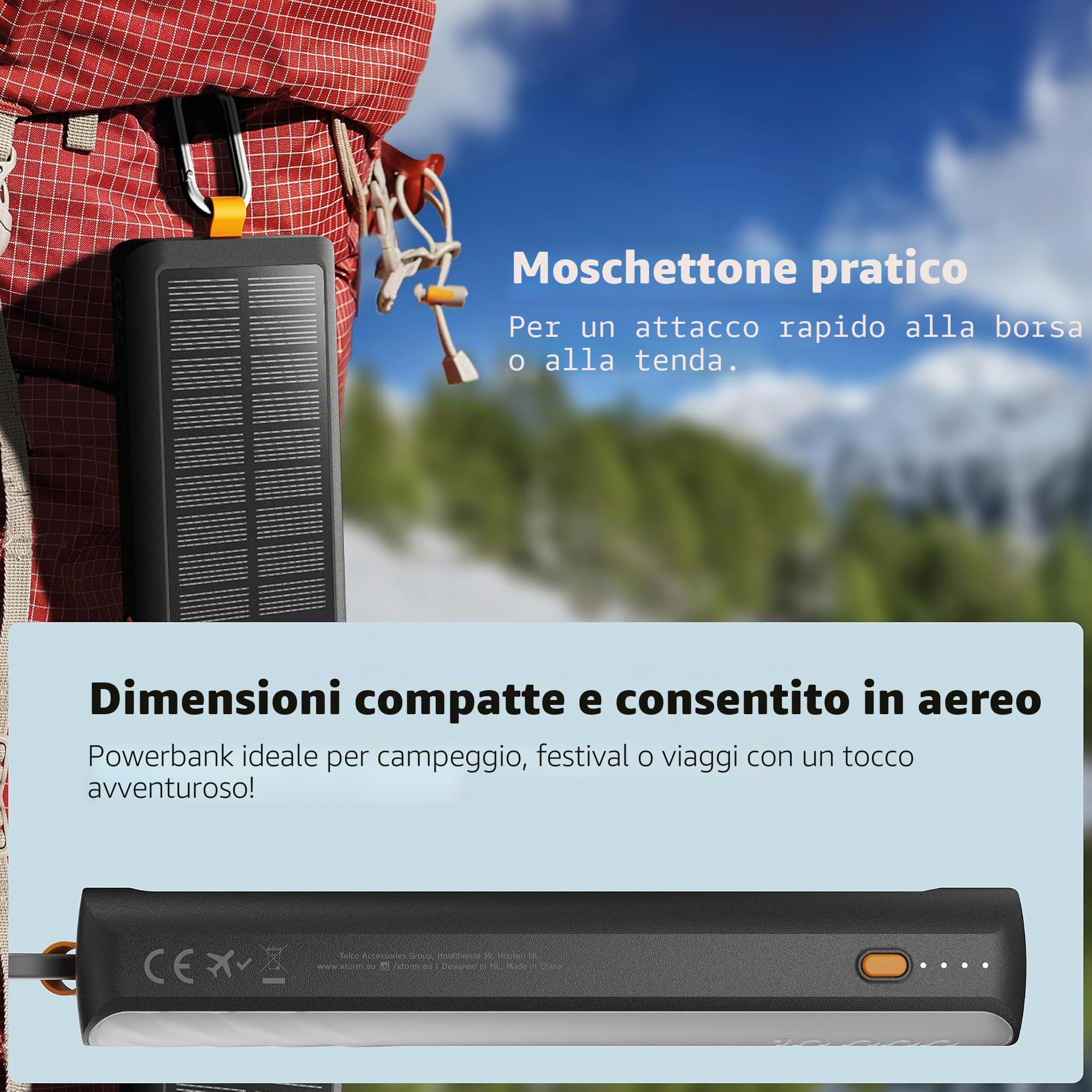 Xtorm Go2 Solar power bank 10.000mAh 15W con moschettone e torcia | Ideale per uso outdoor, trekking, campeggio, porta USB-C e USB-A, pannello solare integrato, cavo USB-C incluso