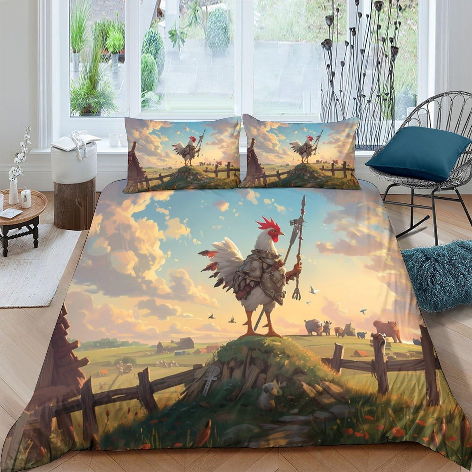 TUFRTGYHN 3D Printed Rooster Farm Landscape Duvet Cover Microfiber Soft Breathable Country Sunrise Bedding Set with 2 Pillowcases for Bedroom Decor Single（135x200cm）
