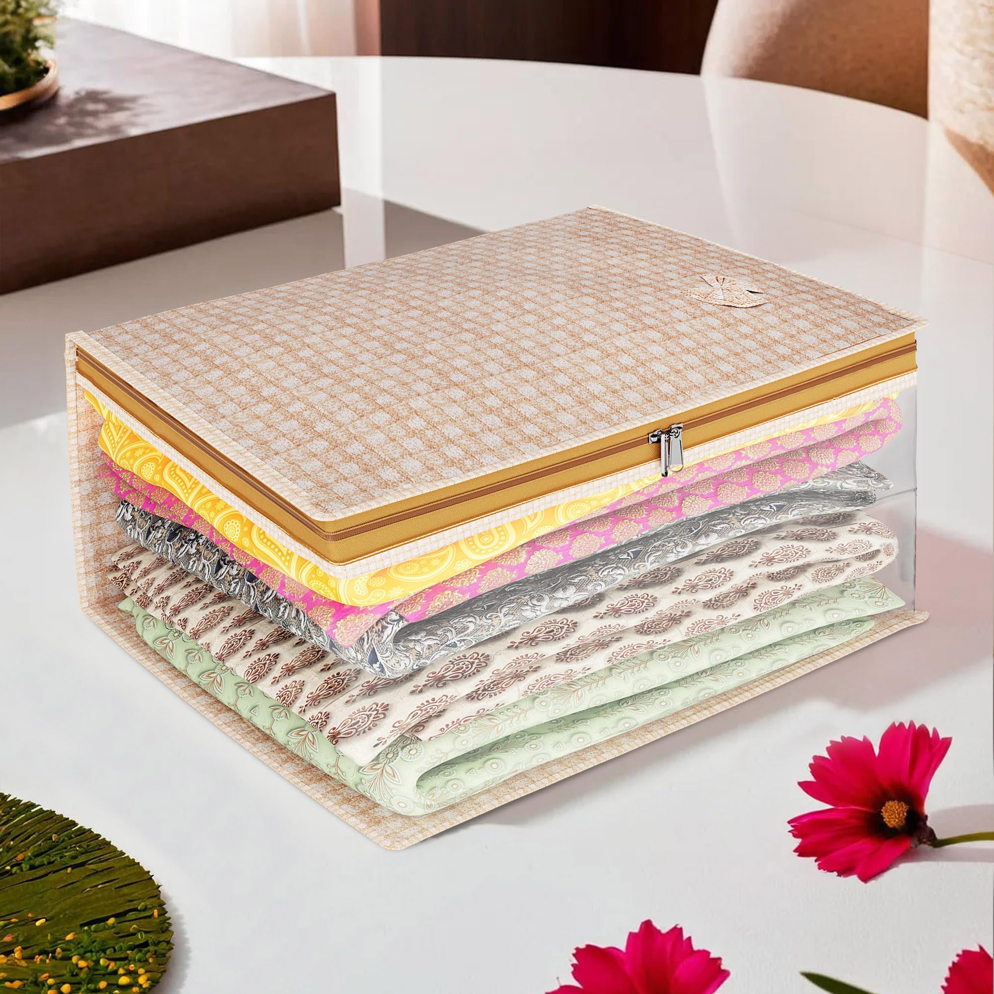 Kuber Industries Saree Cover | PVC Check-Design Zip Closure Saree Cover | Wardrobe Organiser for Suit | Side Transparent Saree Cover | 9 inch | Golden