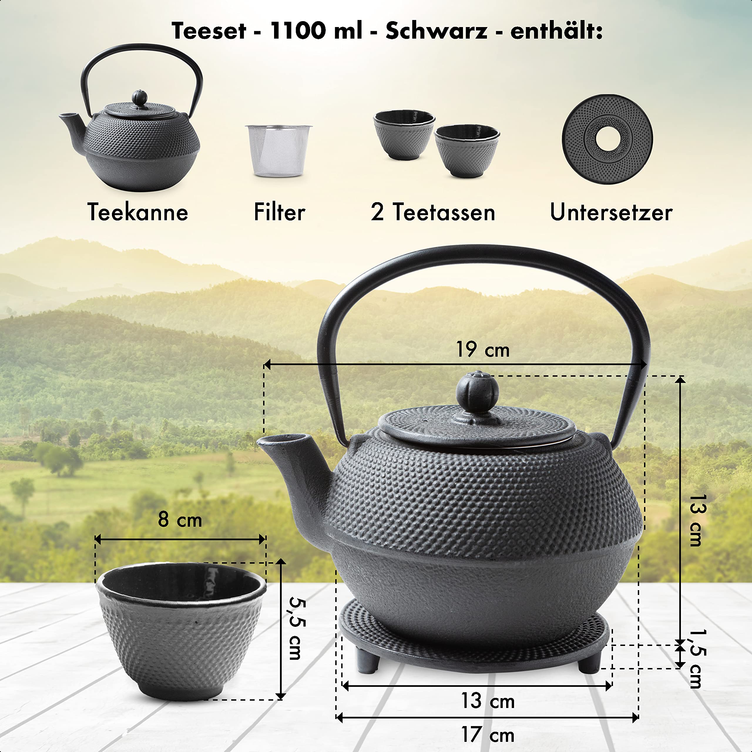 TEEKANNE GUSSEISEN SET 1,1 LITER IN GESCHENKBOX | Komplettes Teeservice aus Gusseisen | Gusseiserne Teekanne mit Siebeinsatz, Teetassen & Untersetzer | Teeset im Japanischen Stil | Schwarz