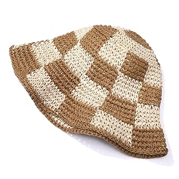 Sun Hats Checkerboard Straw Bucket Hat for Women Packable