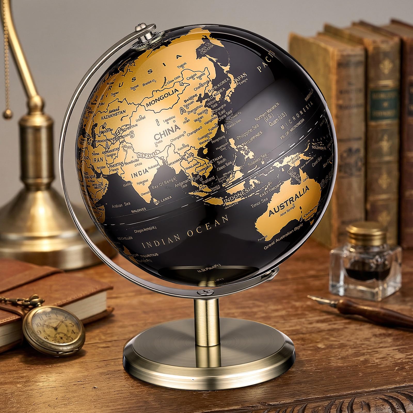 Happyyami Adorno de Globo Terráqueo de Escritorio Multifuncional en Metal Dorado, Bola de Globo 14 Cm Estilo Europeo para Embellecimiento de Mesa y Oficina