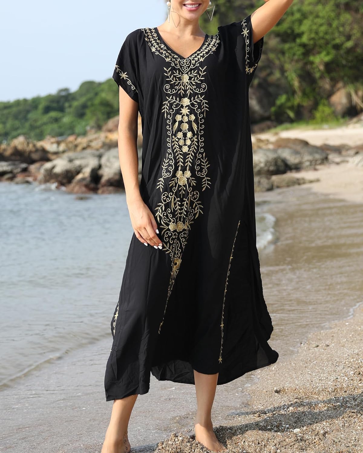 Busbseach Caftan Dresses for Women Embroidery Short Sleeve Beach Cover Up V Neck Maxi Kaftan Dress - Image 4