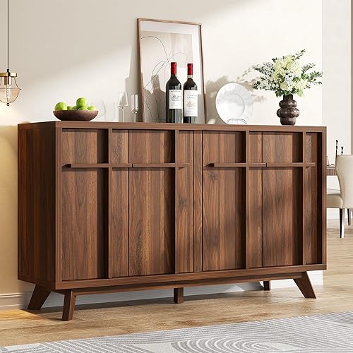 knoworld Sideboard Buffet Cabinet with Storage, 59" Modern Credenza with 4 Doors & Adjustable Shelves, Wood Console Cabinet for Living Room Kitchen Dining Room Hallway (Walnut)
