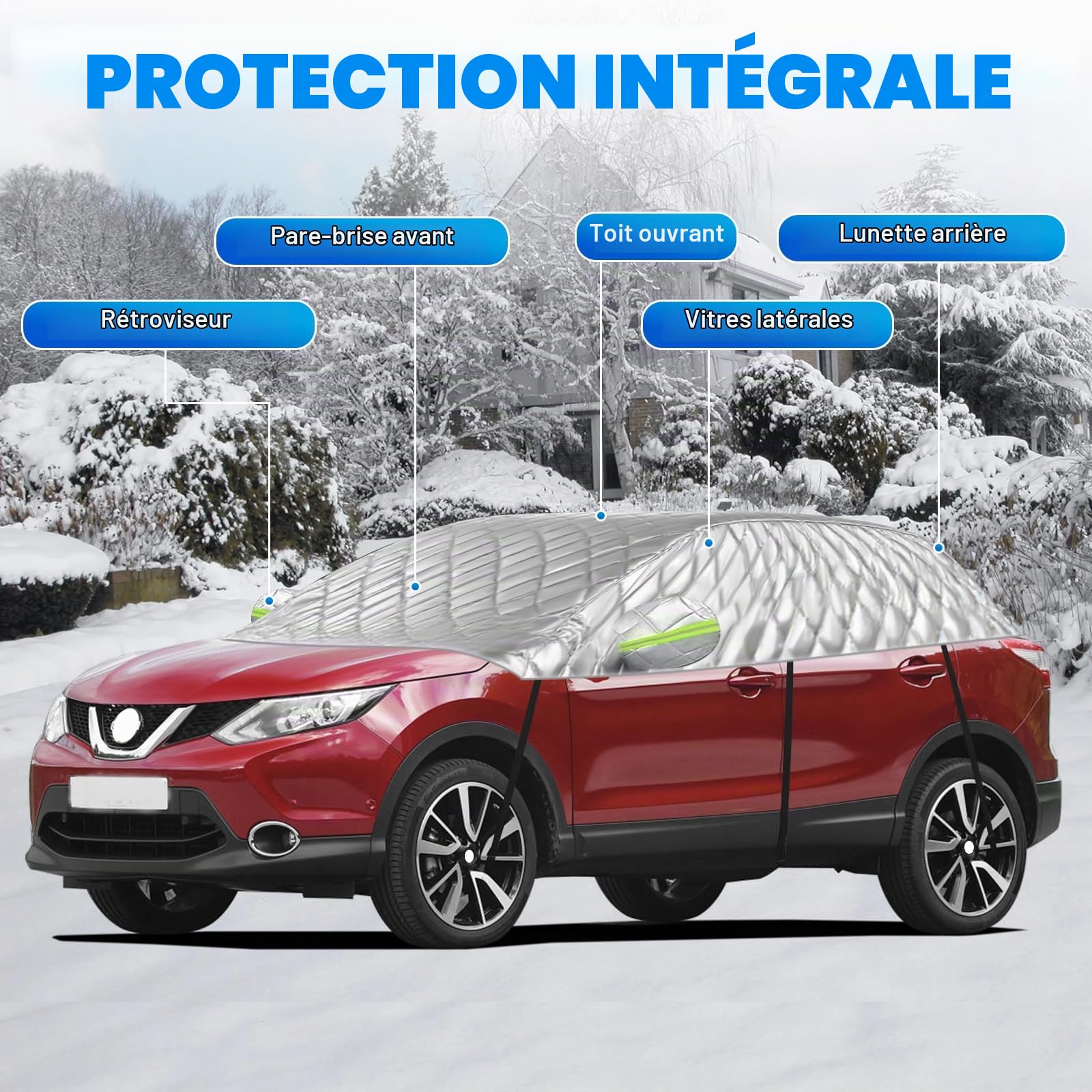 Demi Bâche Voiture Extérieur pour Nissan Qashqai 2013-2025, Demi Housse de Protection Anti-Neige Anti-Glace Mi-couvrante pour Automobiles | Demi bâche épaisse, protection contre le soleil, la pluie et la poussière, été, hiver, extérieur, intérieur