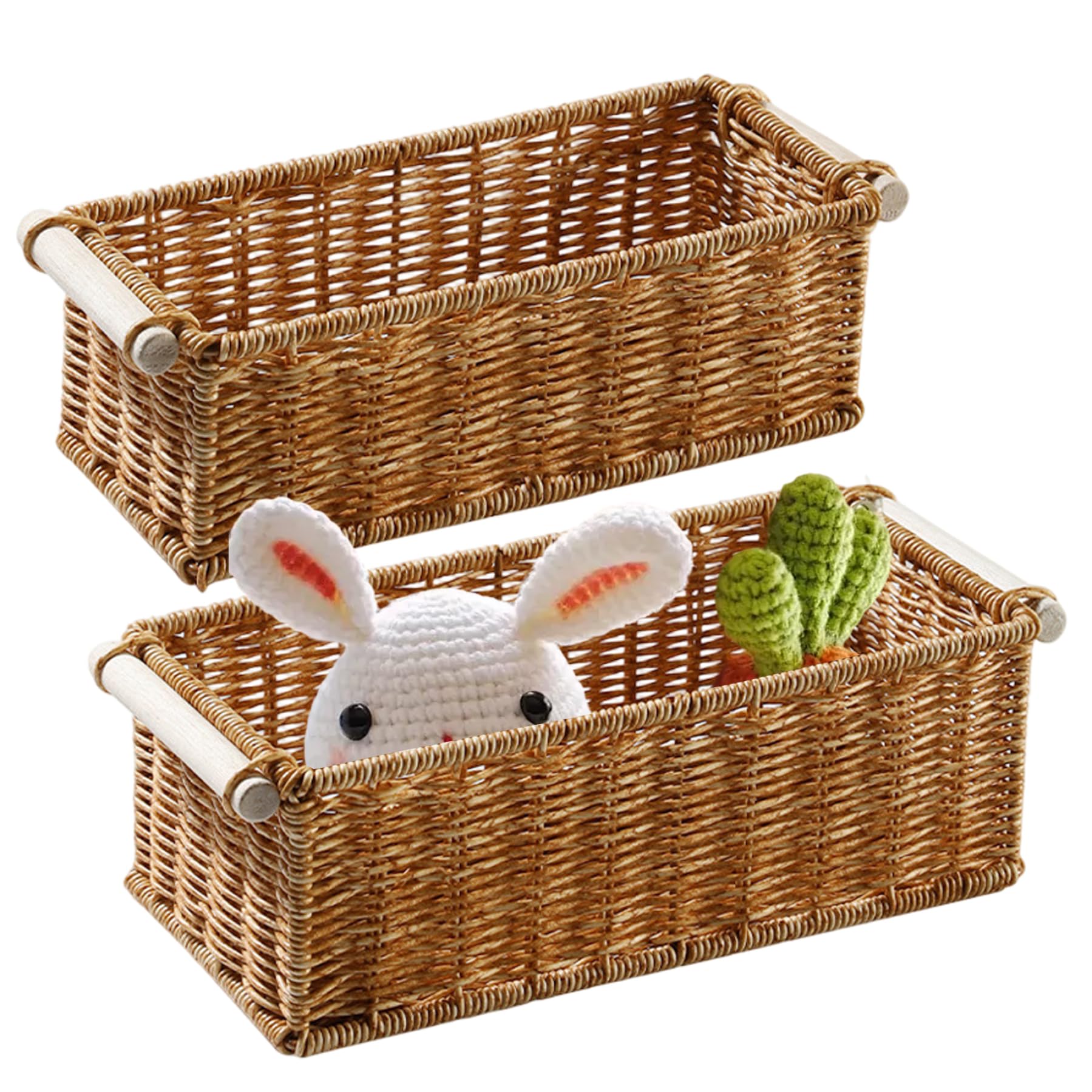 Cesta de almacenamiento de mimbre, cesta de mimbre de plástico de 2 pcs con mango de madera, organizador de almacenamiento fácil de limpiar para la sala de estar de baño de cocina, escritorio de dorm