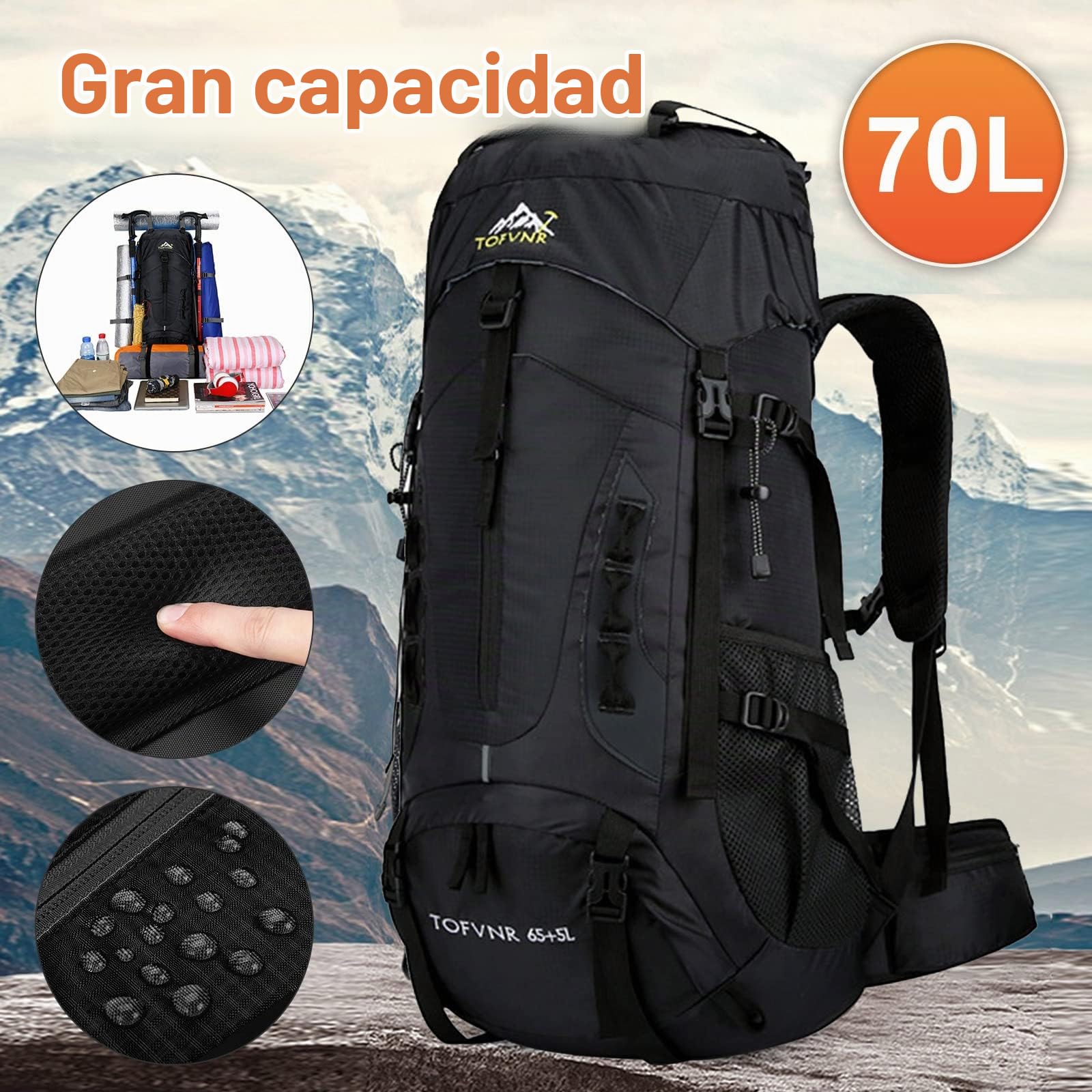 Mochila de Senderismo 70L Nylon con Cubierta Protectora Impermeable Ultraligera para la Escalada de montañismo, Trekking Sport Travel Camping