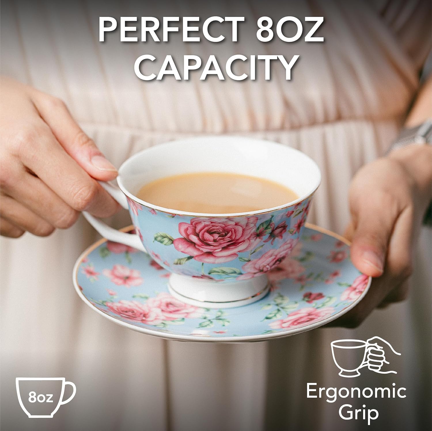 BTaT- Floral Tea Cups and Saucers, Set of 4, 8 oz, Fine Porcelain Teacup Set with Gold Trim for Afternoon Tea, Weddings, Parties & Gifting, Dishwasher Safe and Freezer Safe - Image 3