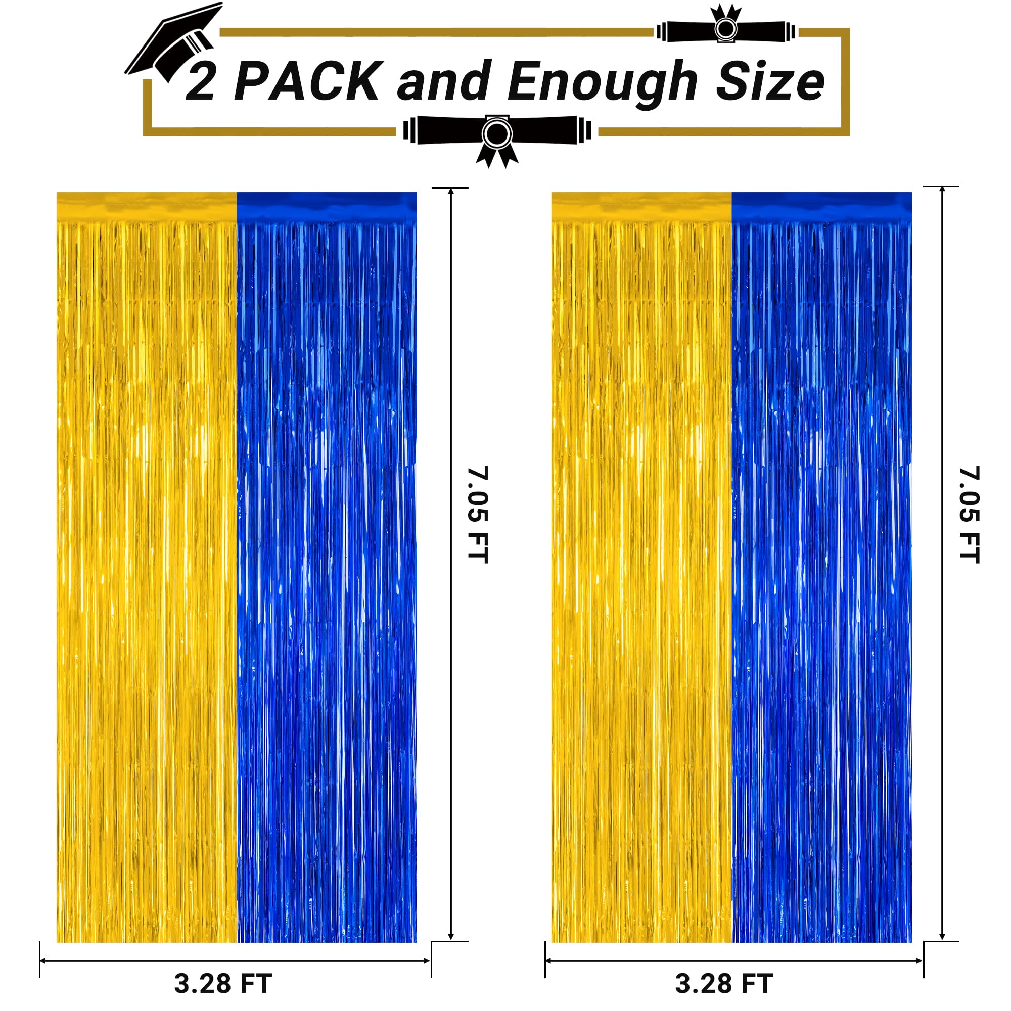 2 Pack Graduation Backdrop, 3.28 FT x 7.05 FT Class of 2025 Decorations, Blue Gold Fringe Curtains Tinsel Backdrop Party Streamer, Metallic Blue and Gold Graduation Decorations 2025