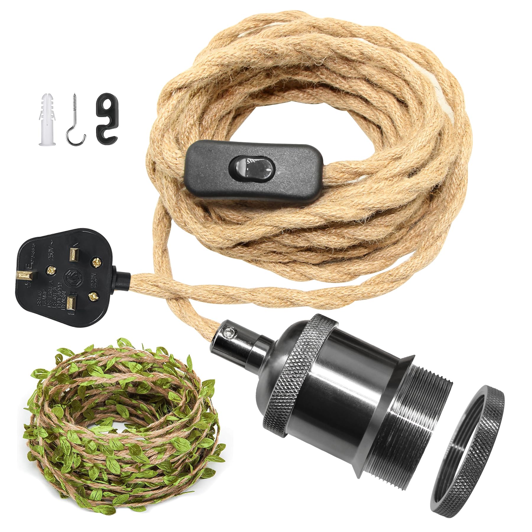 ZRLXFM ZRLXFM E27 Plug in Pendant Light Cord, 510CM Hemp Cable Hanging Lamp with Switch, Metal Lamp Holder, DIY Ceiling Lighting Fixture with 5M Green Leaf Decorative Cord