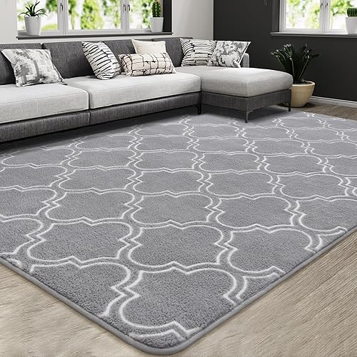 HOMORE Geometric Shag Rug for Bedroom, 4'x6' Light Gray Shaggy Rugs for Living Room, Soft Area Rug for Kids Nursery Dorm, Memory Foam Bedside Rug Indoor Floor Carpet for Home Decor