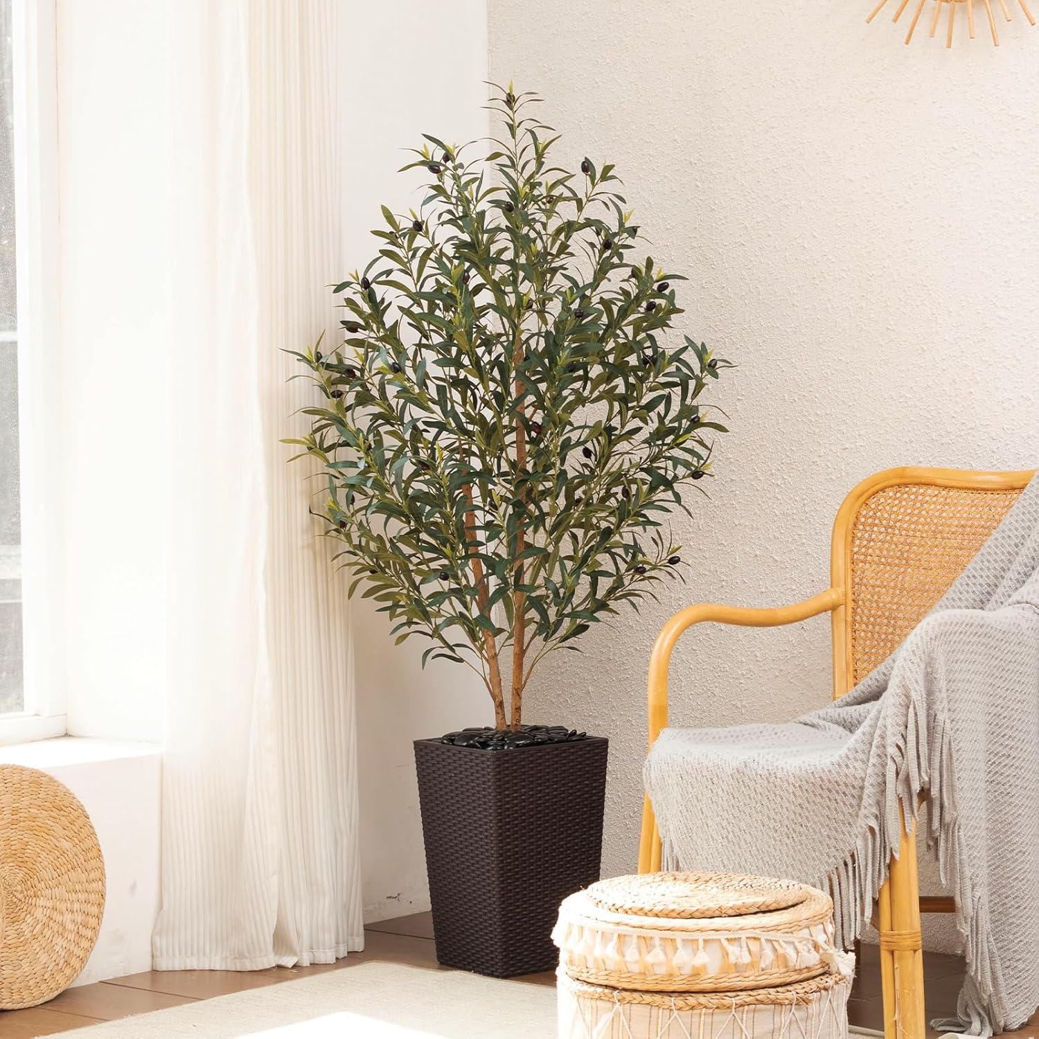 Artificial Olive Tree 5FT Faux Olive Tree - Adjustable Branches UV Resistant with Brown Taper Planter and Pebbles - Faux Plants Indoor for Living Room, Office Decor and Bedroom