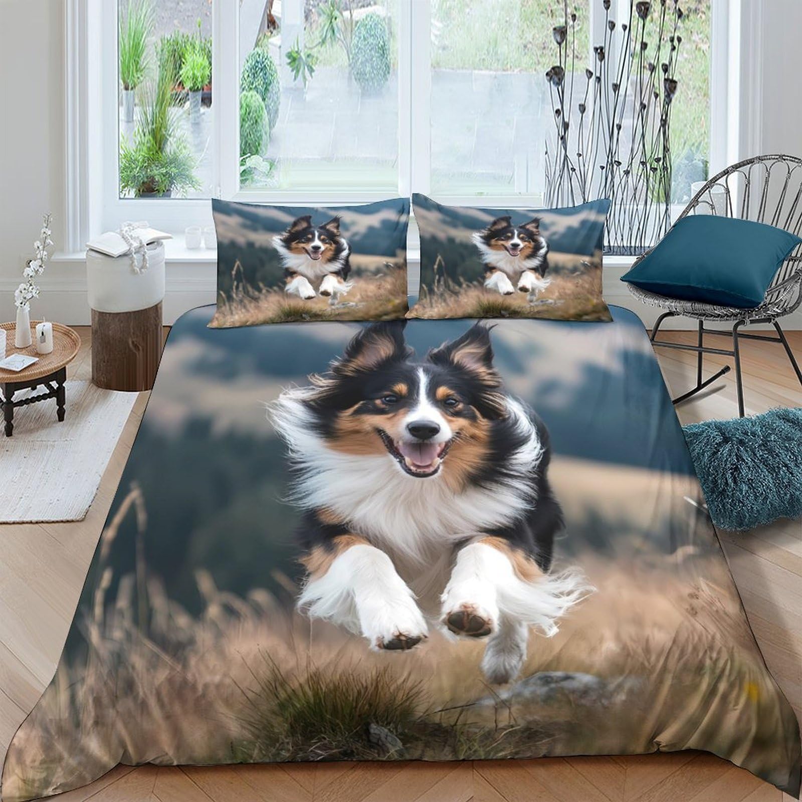 GPLZQXKJNH 3D Printed Running Border Collie Duvet Cover Microfiber Soft Breathable Meadow Dog Bedding Set with 2 Pillowcases for Bedroom Decor Single（135x200cm）