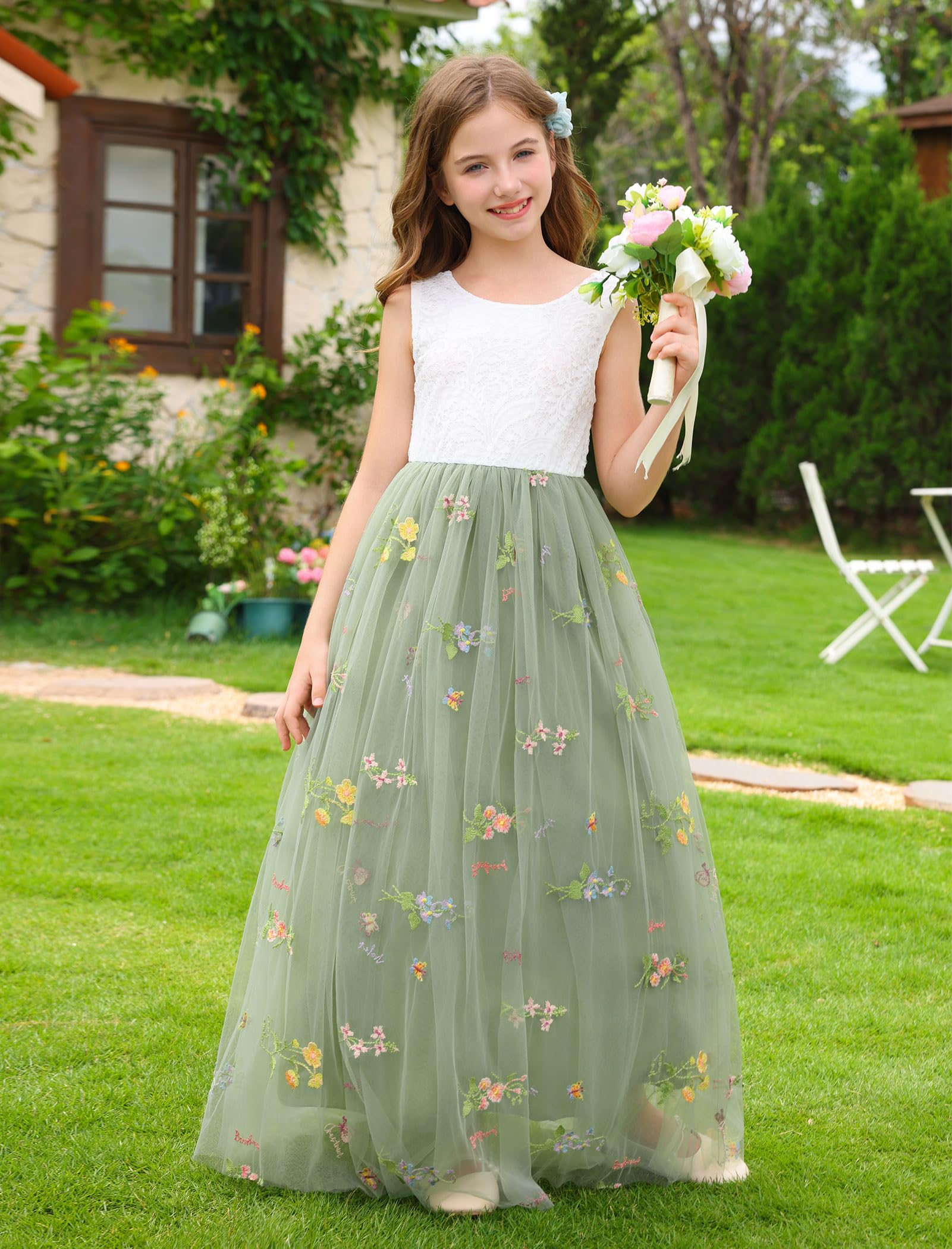 Vestido de encaje elegante sin mangas para niña, con espalda en V, tul, fiesta, maxi vestido para niña, boda, dama de honor, primera comunión, cumpleaños, princesa