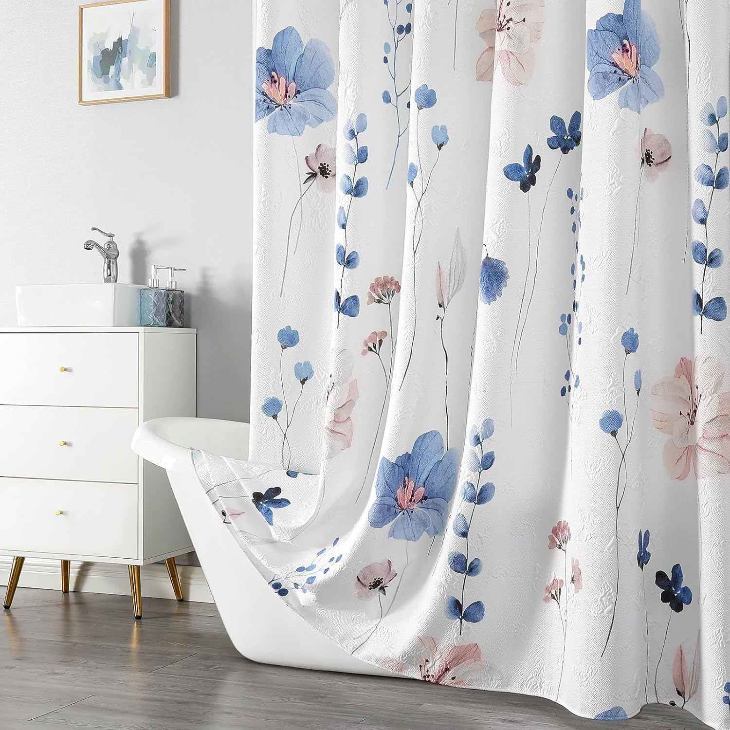 QiyI Watercolor Floral Shower Curtain, 3D Embossed Butterflies Blue Pink Flower Bathroom Curtain, Minimalist White Cloth Bath Curtain, Waterproof Fabric Textured Shower Curtain Set with Hooks, 72x72
