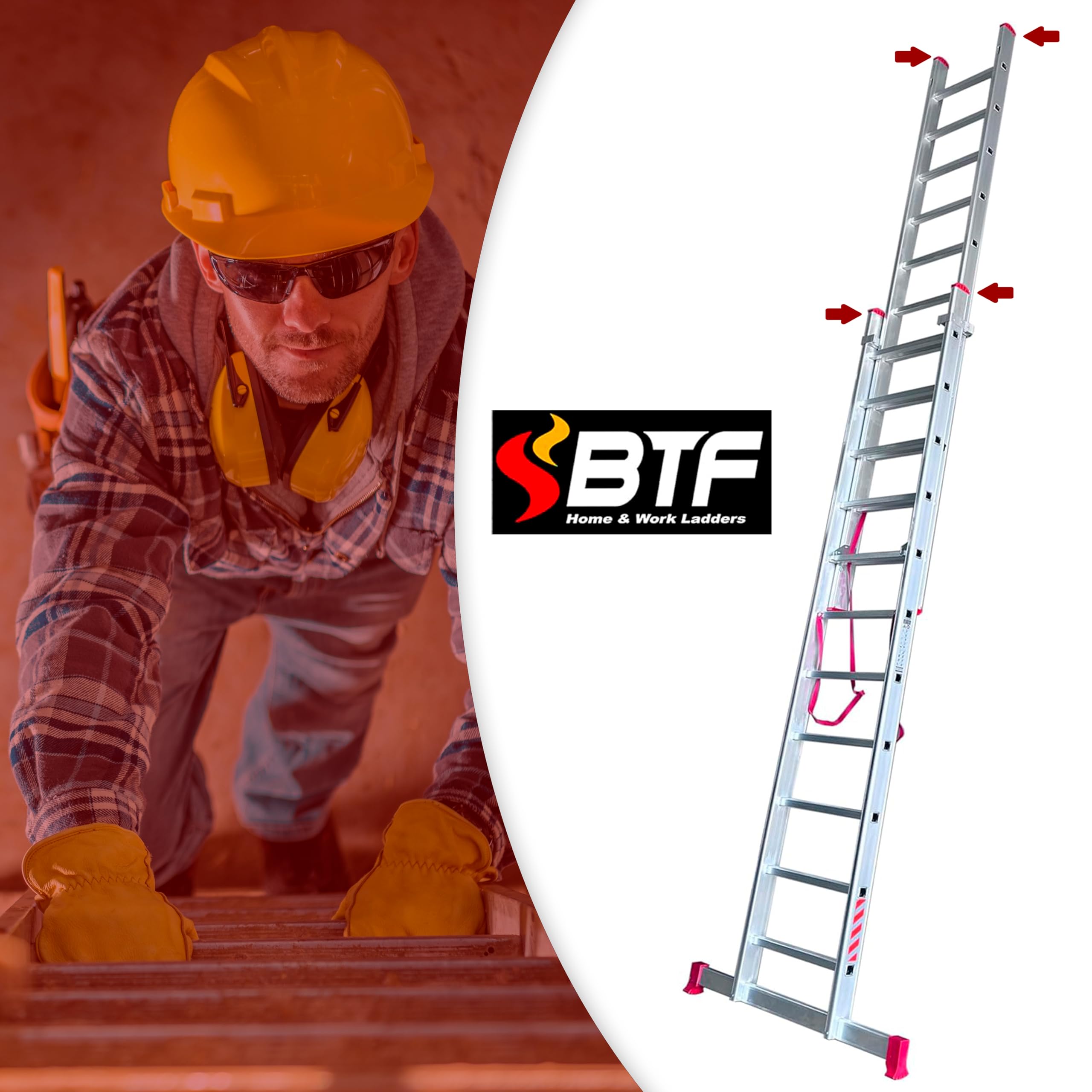 BTF | Juego de 4 Conteras para Escaleras Industriales Profesinoales 1, 2 o 3 Tramos Combinada y/o Extensible | Pies de Goma de Escaleras Perfil de Montante 80x25mm.