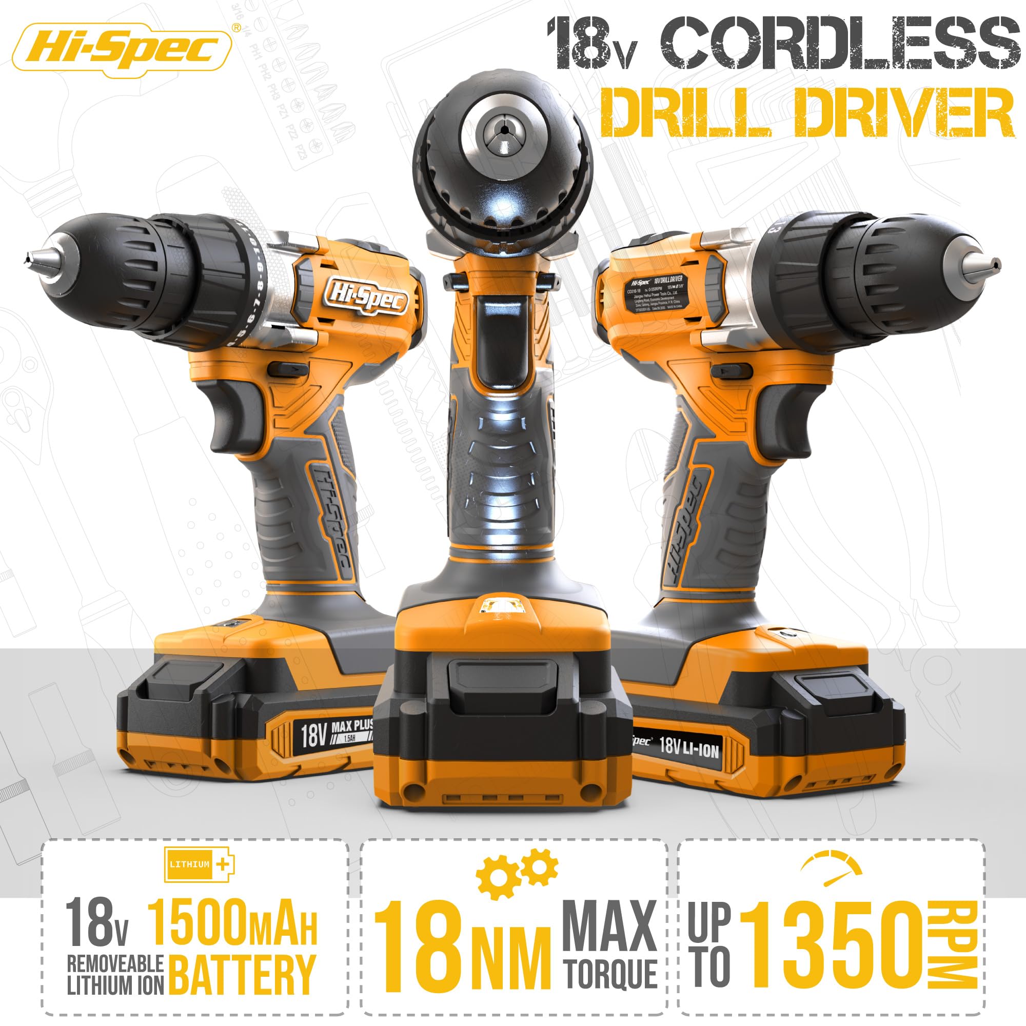 Hi-Spec 30pz Kit compatto Trapano/Avvitatore giallo 18V senza fili per fai-da-te. Trapano e avvitatore elettrico rapido con strumenti manuali e accessori essenziali