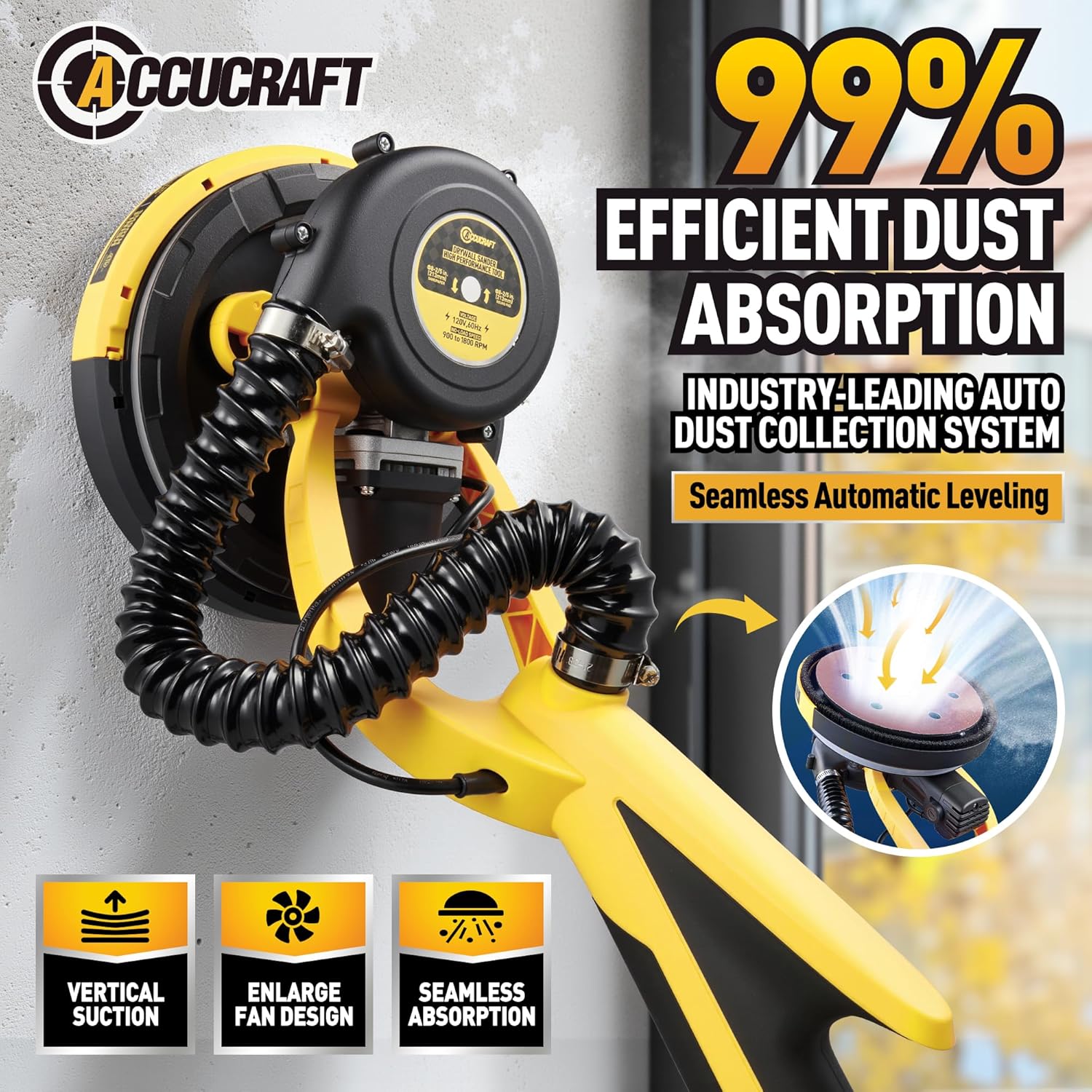 Drywall Sander, 800W Powerful Electric Drywall Sander with Vacuum, 99% Dust Absorption Dust-free Design, 7 Variable Speed 900-1800RPM, 26' Power Cord, LED Light, for Popcorn Ceiling etc