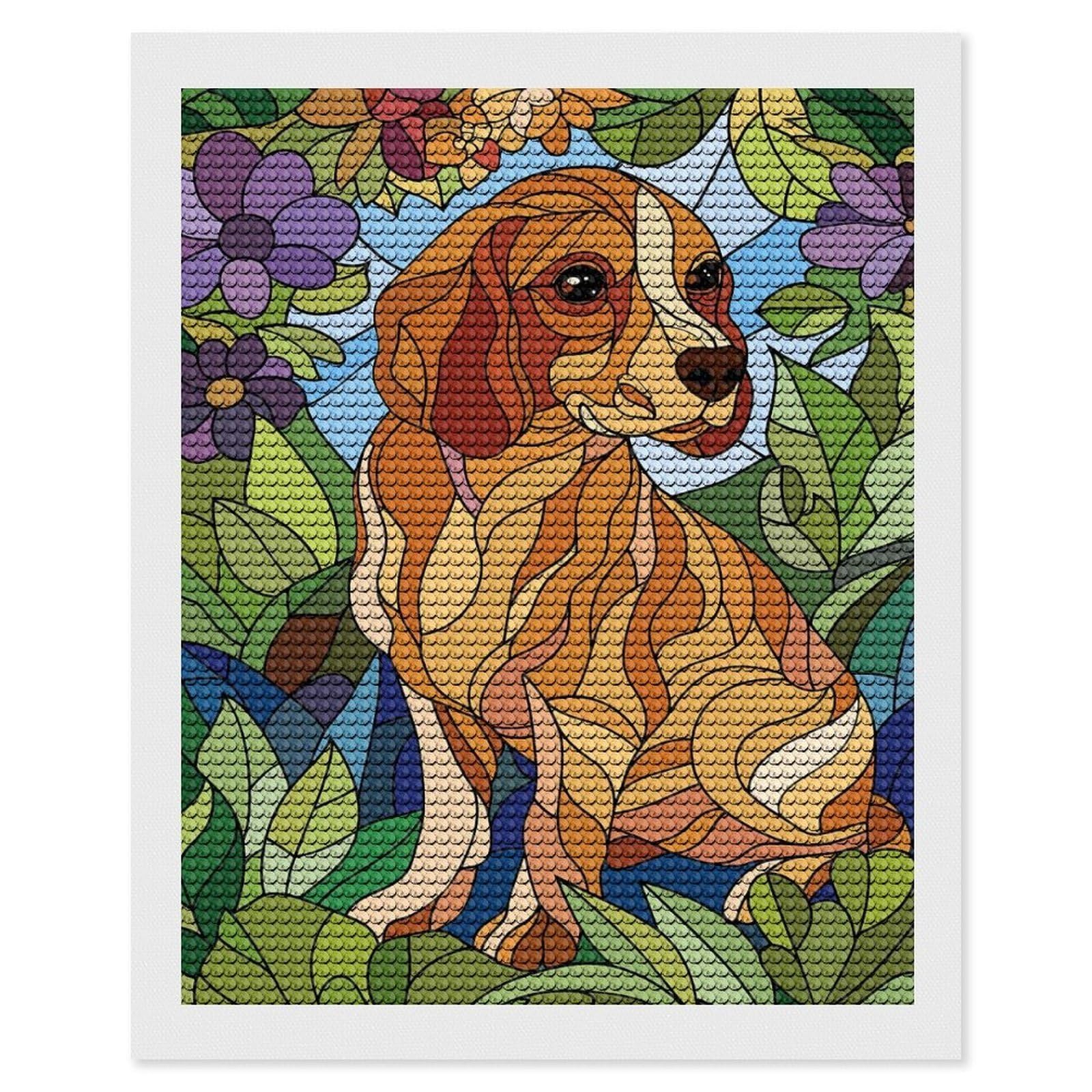 Junmoney Stained Glass Dog in Floral Surroundings Diamond Painting Kit 16"x20", Easy Handmade Project, Easy to Enjoy, Aesthetic Room Decor, Christmas Gift