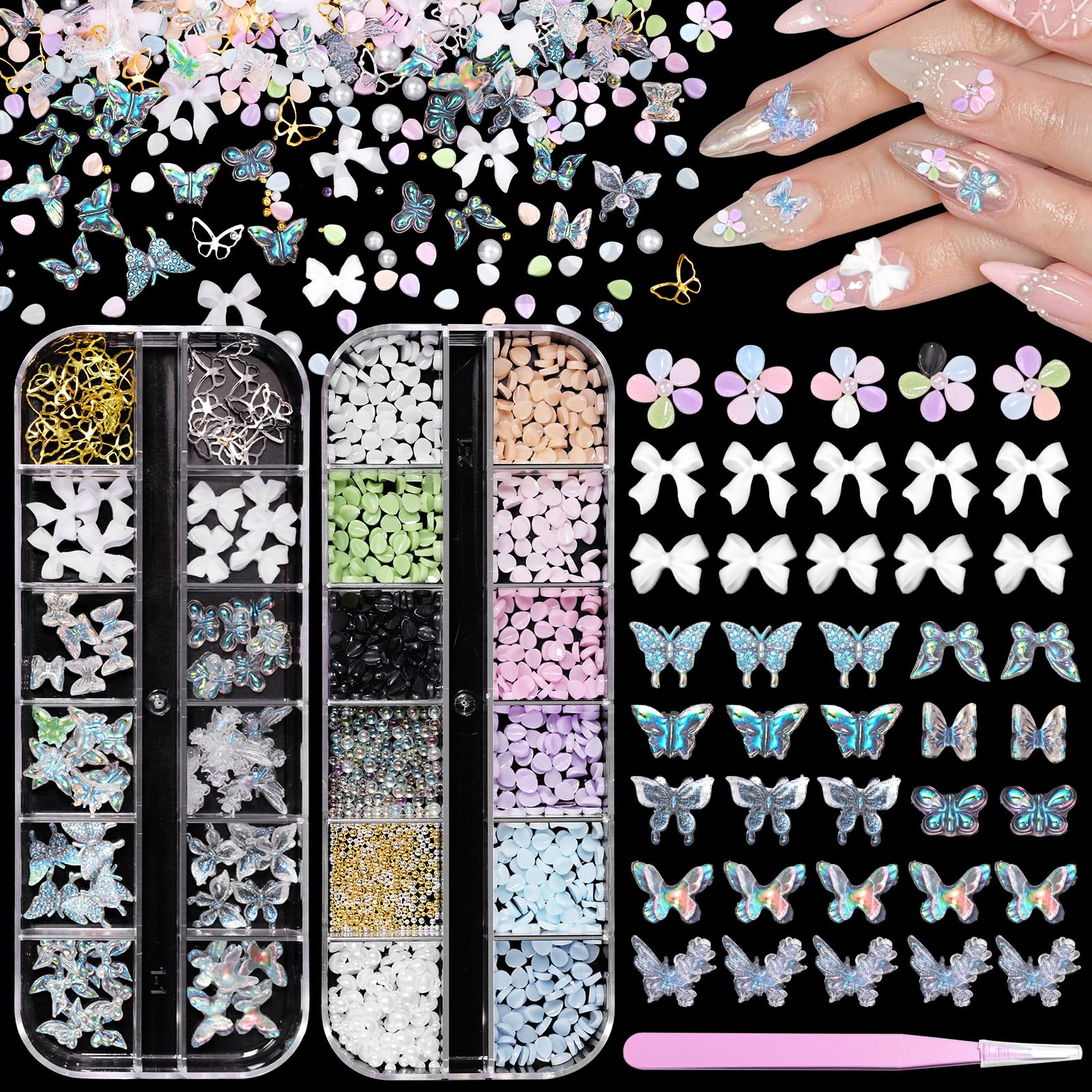 2 Boxes 3D Flower Nail Charms, Color Blossom Beads Pearl Nail Gems and Rhinestones, Mixed Bows Butterfly Acrylic Nail Charms, Petal Flower Bowknots