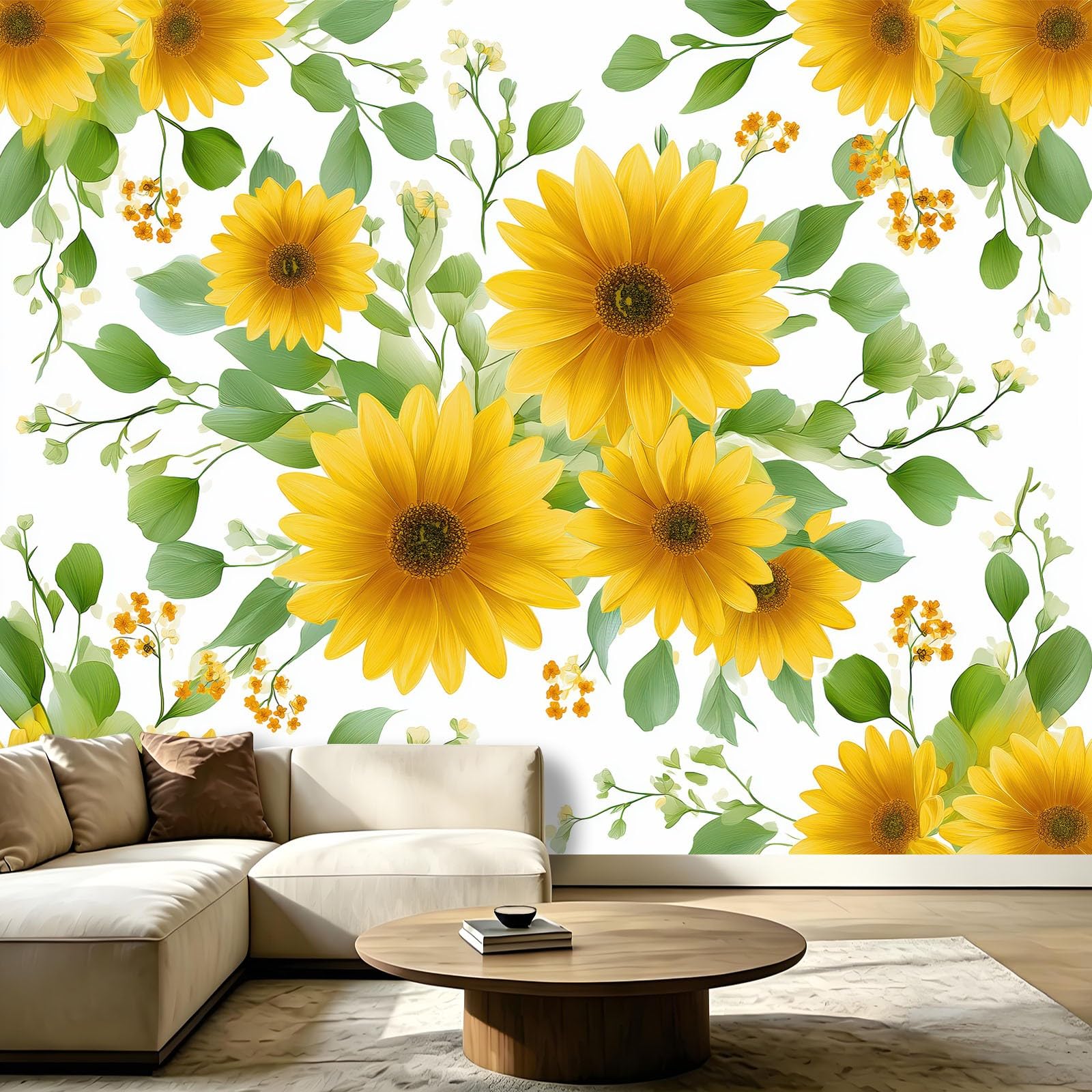Carta da parati fotografica con foglie verdi girasole 300 x 210 cm (larghezza x altezza), stampa artistica di alta qualità, motivo floreale dipinto a mano, decorazione per la casa, per camera da letto