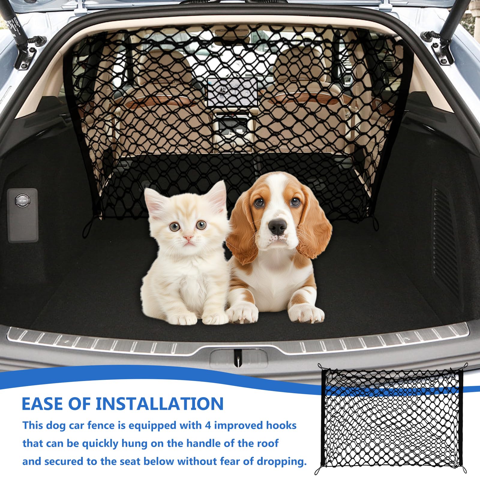 GOMETY Schutzgitter Auto Barriere Trennnetz, 120x90 cm Hundegitter für Kofferraum, Doppelschicht Polypropylen mit 4 Haken, Universelles Hunde, Absperrnetz für Haustiersicherheit, Auto-Trennwand