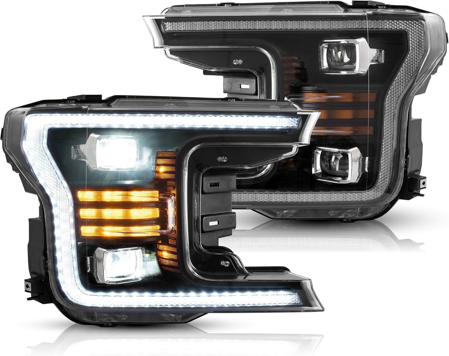 VLAND Projector Headlights Compatible with F150 2018 2019 2020 (Not for Rap-tor), Full LED Front Lamps w/White DRL w/Amber Turn Signals, No Need Bulbs Sold as Pair