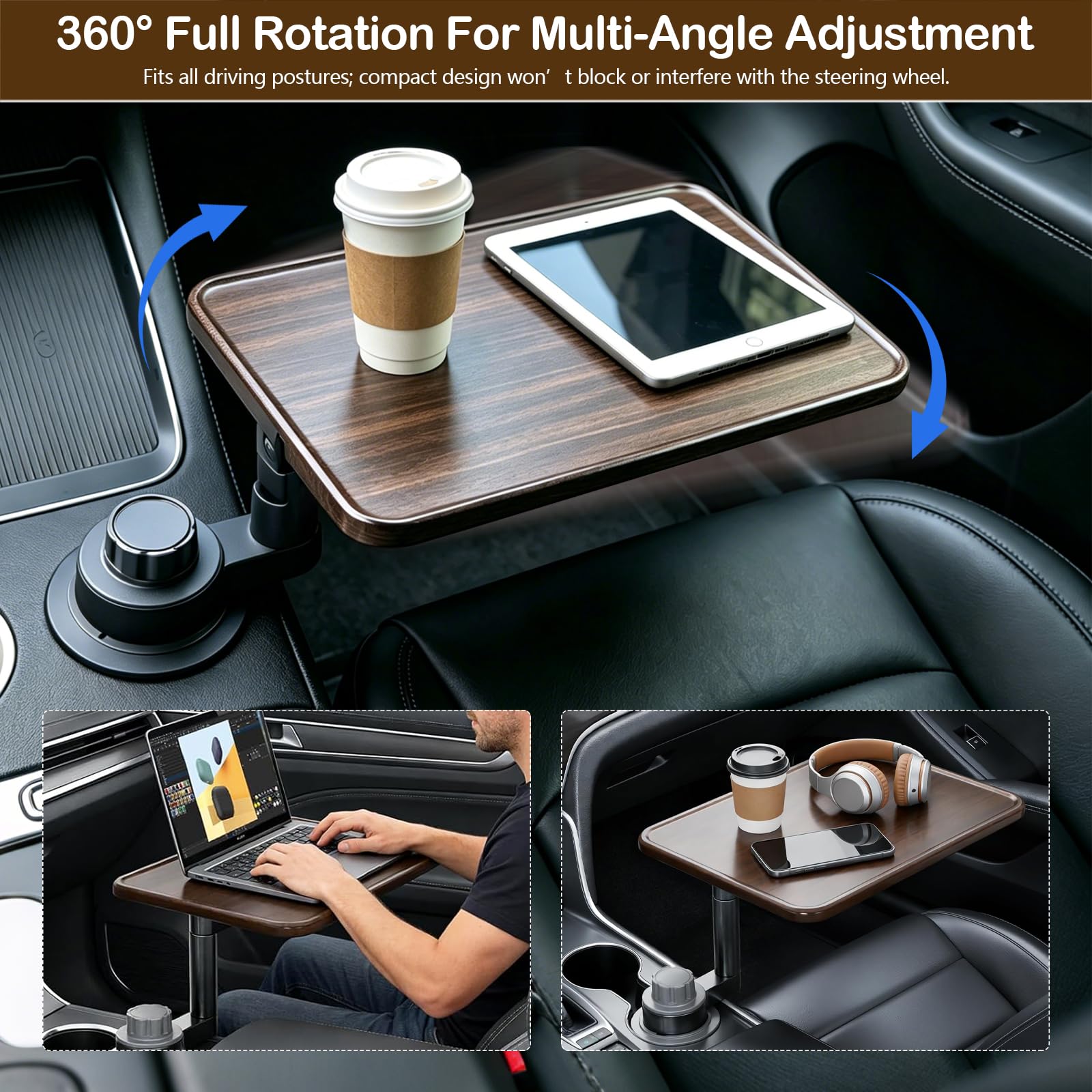 Mesa giratoria de 360° para portátil de coche con portavasos, soporte de madera para el interior del vehículo, mesa de coche multifuncional y bandeja, compatible con Tesla, Ford y la mayoría de