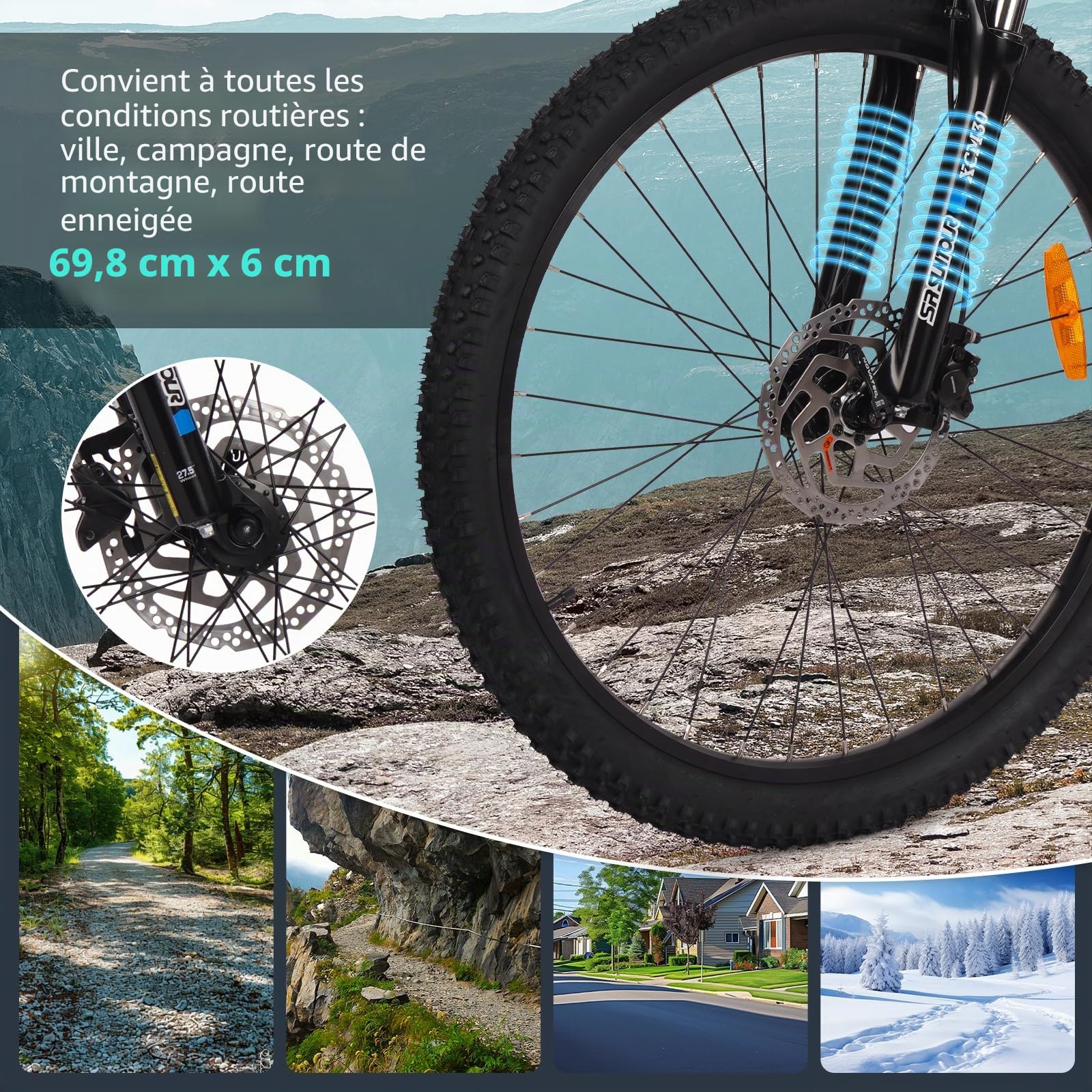 Vélo Electrique Adulte Electric Bike, Moteur Puissant 48V 250W, Fourche à Suspension Hydraulique, Autonomie 100 km 25 km/h