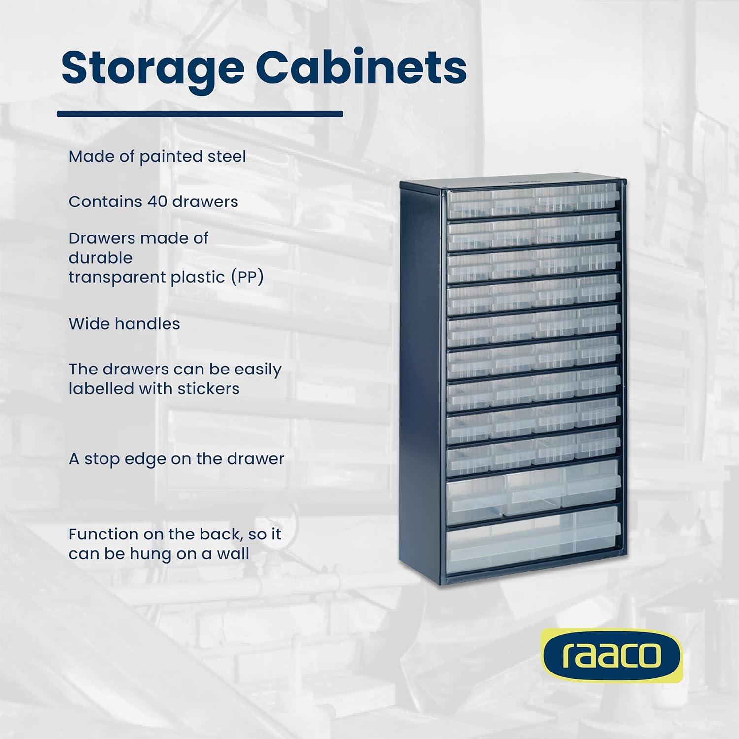 Raaco Steel Storage Cabinet, Tall 40-Drawer, Clear Polypropylene Plastic Drawer – Small Parts Organizer, Screws, Nuts & Bolts, Crafts & Hardware – Tool Cabinet for Workbench & Wall Storage (C12-40)