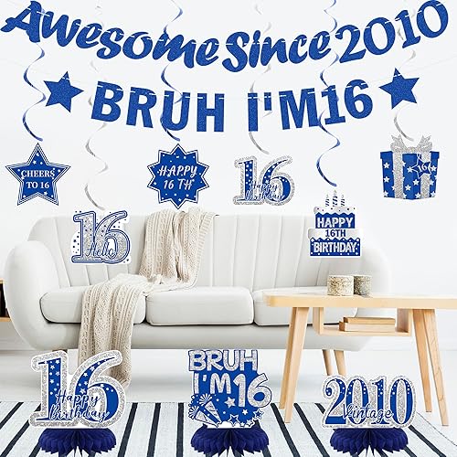 Miniatura 7 de Crenics Decoraciones azules de cumpleaños número 16 para niños, pancarta impresionante desde 2010, pancarta de Bruh I'm 16, centros de mesa de panal