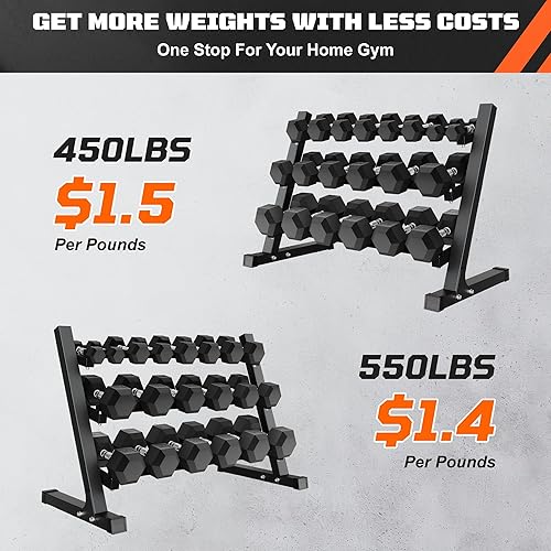 Miniatura 5 de Juegos de mancuernas con estante, mancuernas hexagonales de goma, 450550 libras, pesas de mano con mango cromado para entrenamiento de fuerza