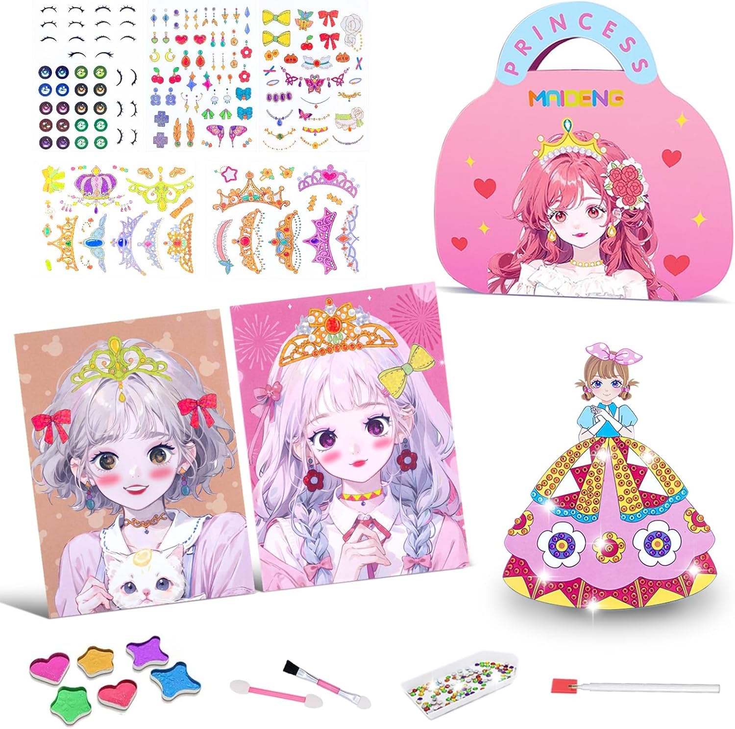 LUYAO Princess Dress Up Game Set, Princess Makeup Sticker Book with Diamond Art Painting, Arts Crafts for Girls, Make Up Play on Paper, Travel Toys