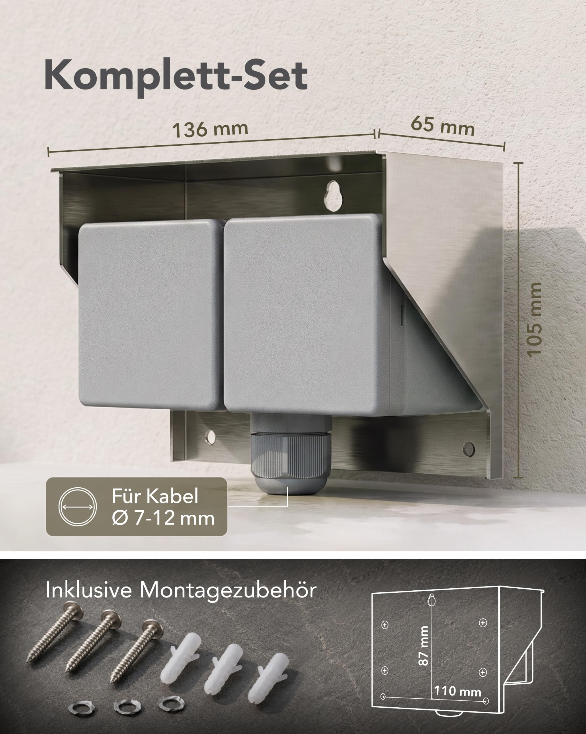 ledscom.de 2x Aufputz Steckdose PIWI für außen und 5m Kabel, IP44, 2-fach, edelstahl, waagerecht